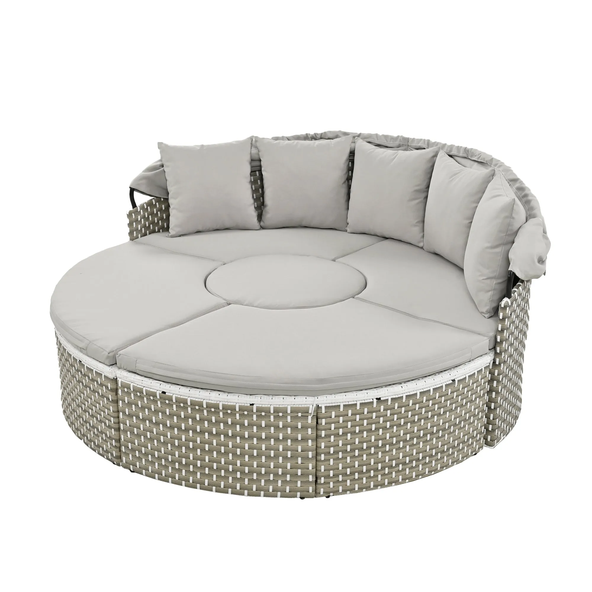 TOPMAX Patio Furniture Round Outdoor Sectional Sofa Set Rattan Daybed Two-Tone Weave Sunbed with Retractable Canopy, Separate Seating and Removable Cushion, Gray