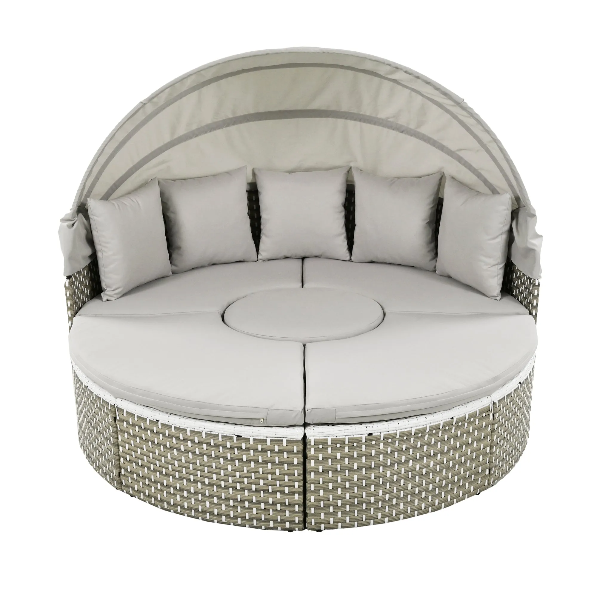 TOPMAX Patio Furniture Round Outdoor Sectional Sofa Set Rattan Daybed Two-Tone Weave Sunbed with Retractable Canopy, Separate Seating and Removable Cushion, Gray