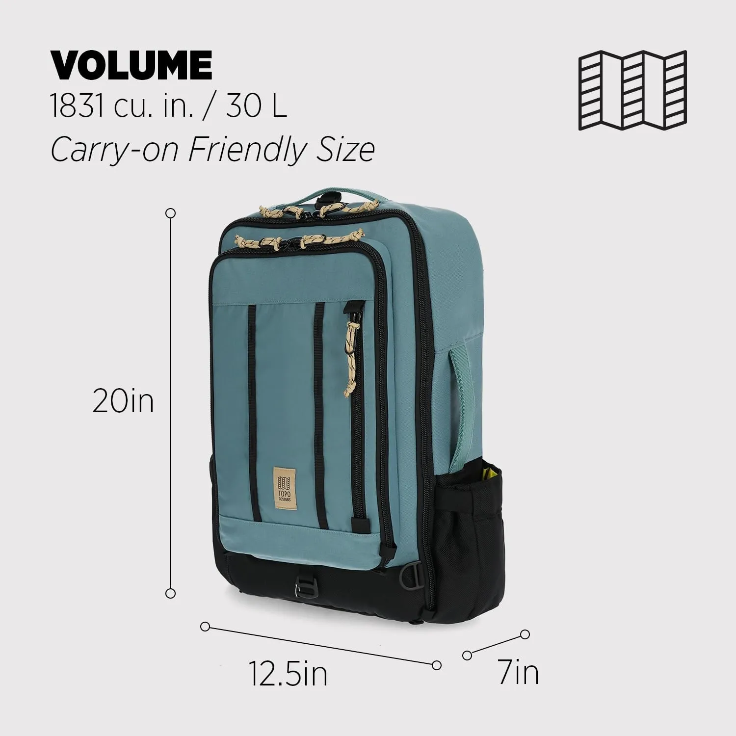 Topo Designs Global Travel Bag 30-40 Liter - Carry-on Compliant Versatile Pack, 3 Carry Options, External Laptop Sleeve (Original, 30L, Pine)