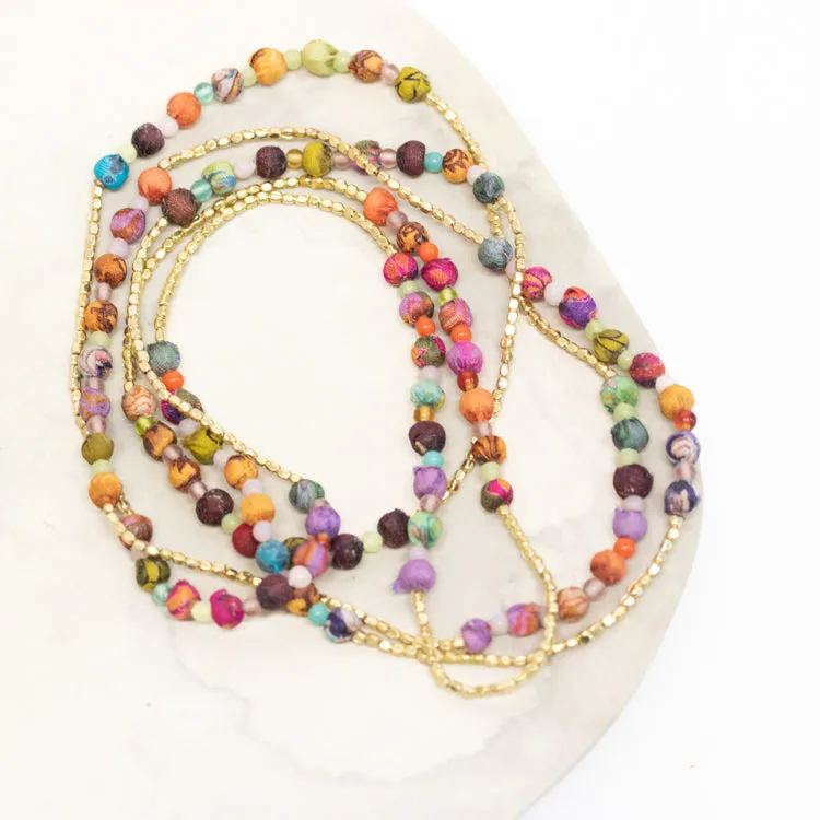 Trade Aid Recycled Sari, Brass and Glass Bead Long Necklace 4802