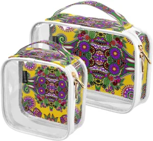 Traditional Floral Print 2 Pieces Clear Makeup Cosmetic Bags for Traveling Vacation Organizing, Toiletry Bags for Women Men, PVC Waterproof Travel Organizer