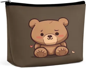 Travel Makeup Bag Portable Cosmetic Bags for Women Cartoon Brown Cute Bear Make Up Bags Organizer With Zipper Waterproof Open Flat Toiletry Bag Cute Makeup Pouch for Travel Accessories