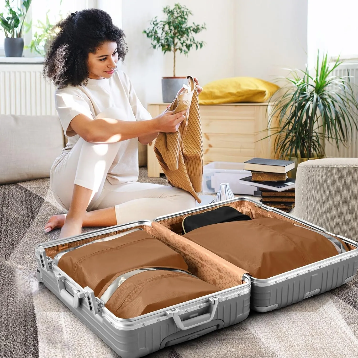 Travel Packing Bags Saddle Brown Foldable Suitcase Organizer Bags Set Luggage Packing Organizers