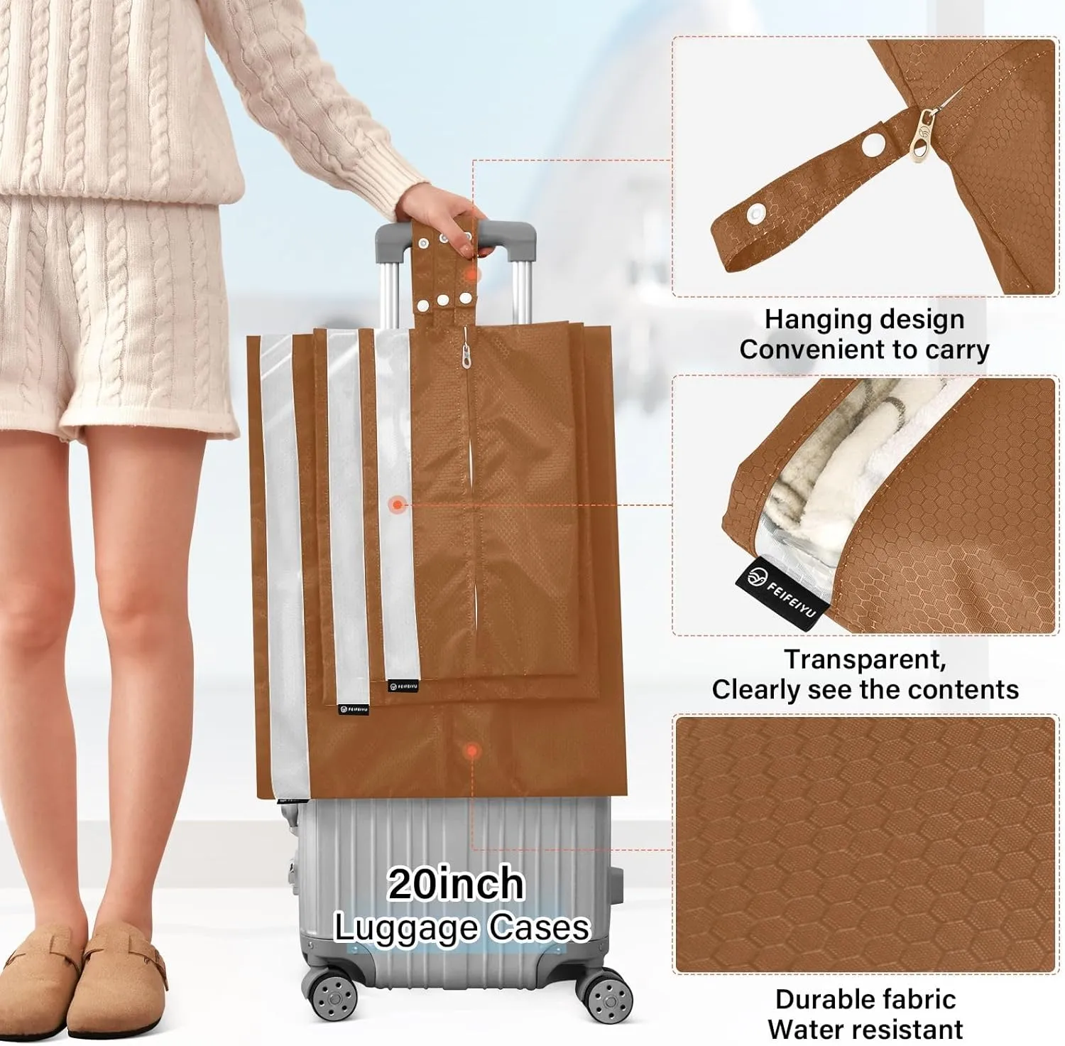 Travel Packing Bags Saddle Brown Foldable Suitcase Organizer Bags Set Luggage Packing Organizers