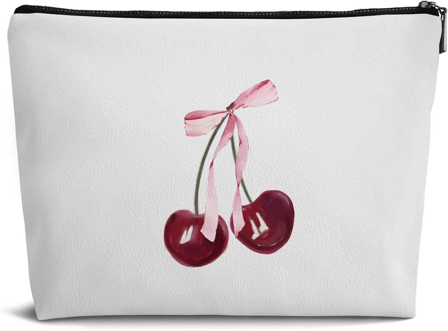 Trendy Coquette Pink Bow Cherry Leather Travel Makeup Bag,Cherries Makeup Zipper Pouch Bag Gifts for Daughter Women,Travel Waterproof Toiletry Bag Accessories Organizer Gifts,Small Makeup Bag