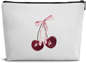 Trendy Coquette Pink Bow Cherry Leather Travel Makeup Bag,Cherries Makeup Zipper Pouch Bag Gifts for Daughter Women,Travel Waterproof Toiletry Bag Accessories Organizer Gifts,Small Makeup Bag