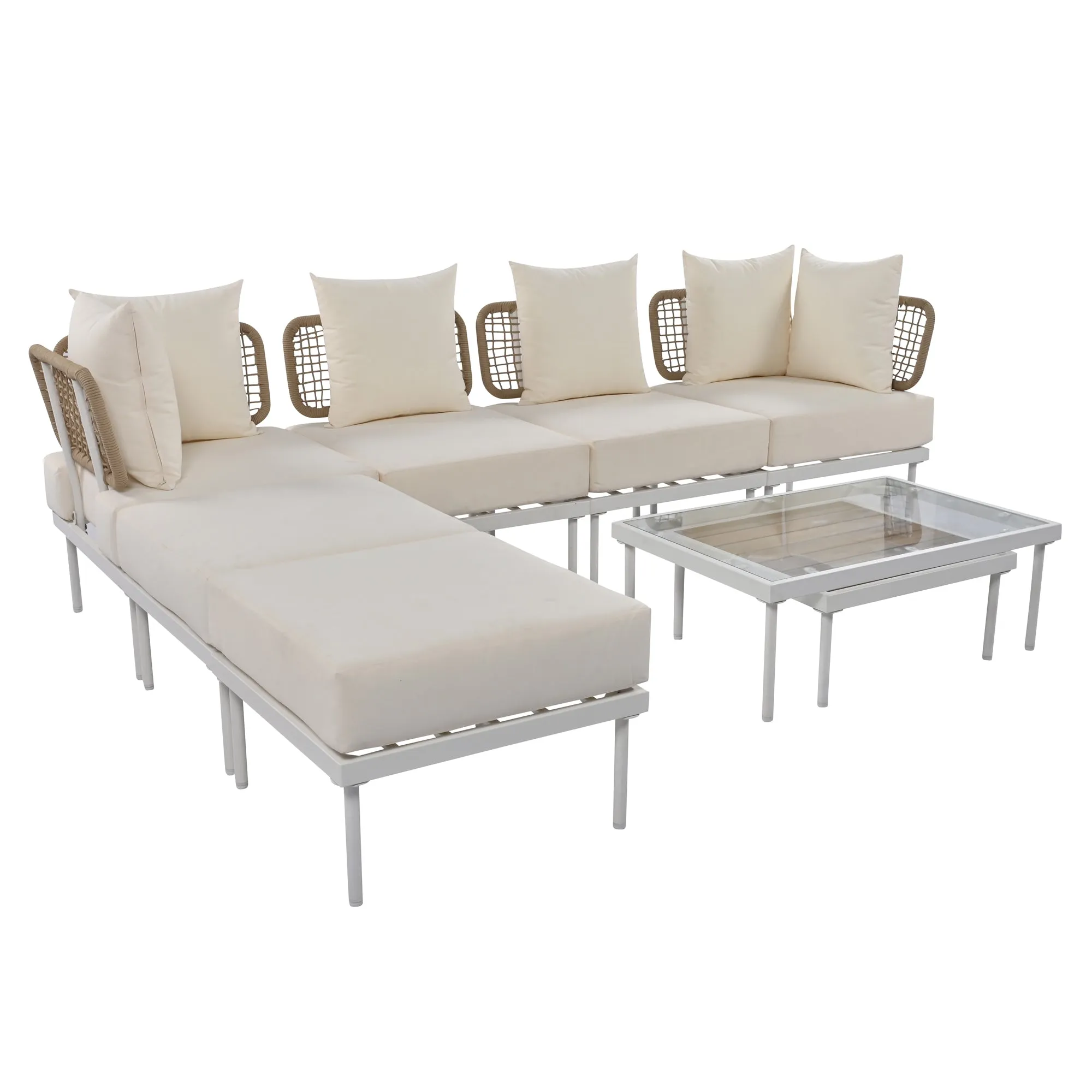 TREXM 8-Piece Patio Sectional Sofa Set with Tempered Glass Coffee Table and Wooden Coffee Table for Outdoor Oasis, Garden, Patio and Poolside (Beige Cushion   White Steel)