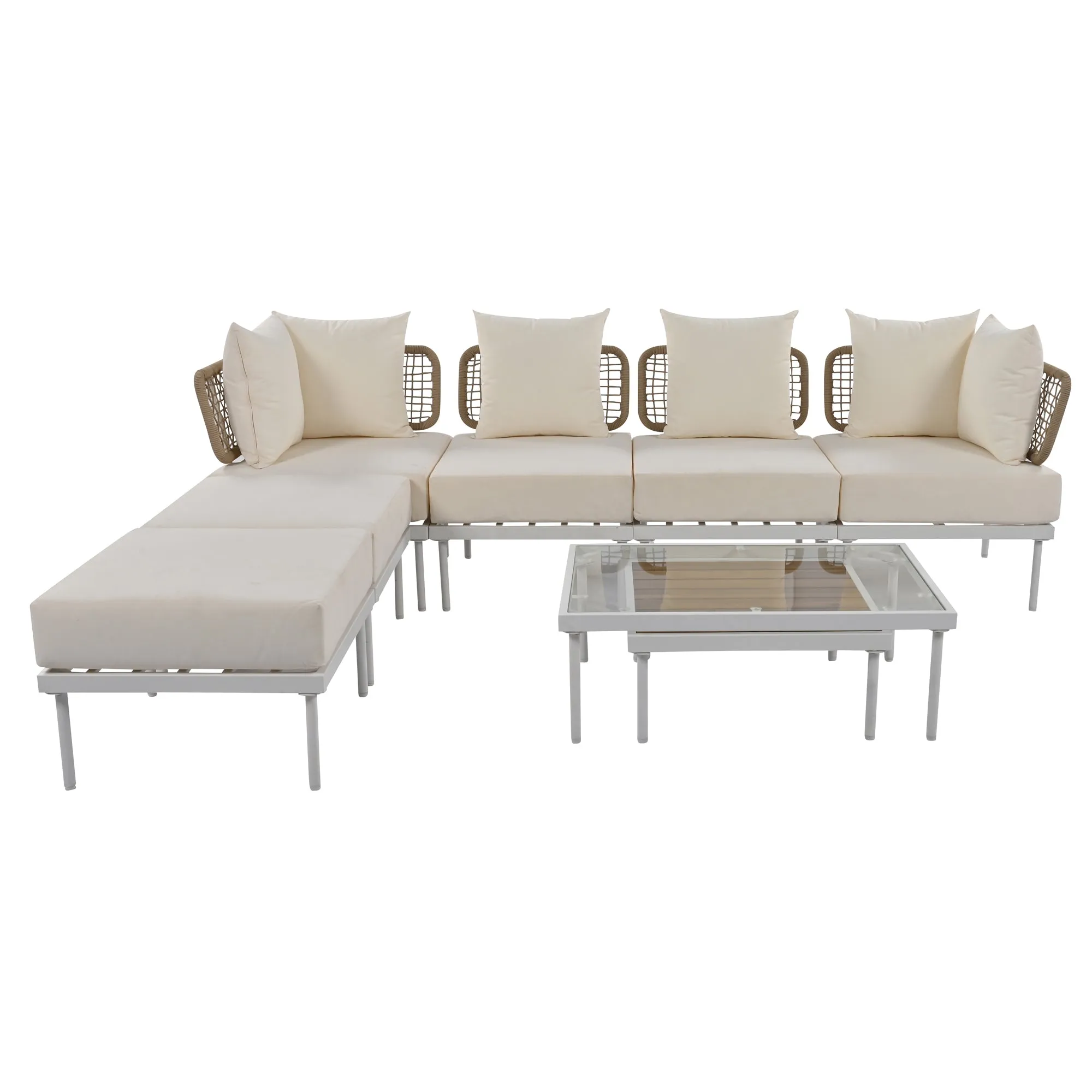 TREXM 8-Piece Patio Sectional Sofa Set with Tempered Glass Coffee Table and Wooden Coffee Table for Outdoor Oasis, Garden, Patio and Poolside (Beige Cushion   White Steel)