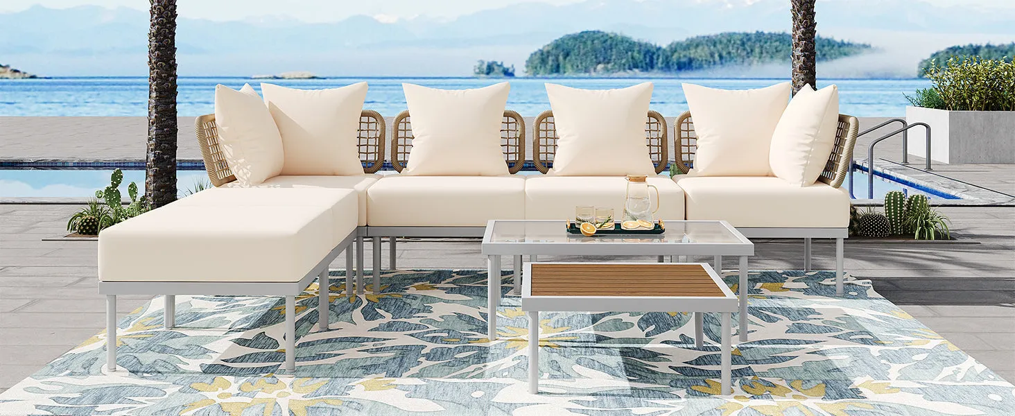 TREXM 8-Piece Patio Sectional Sofa Set with Tempered Glass Coffee Table and Wooden Coffee Table for Outdoor Oasis, Garden, Patio and Poolside (Beige Cushion   White Steel)