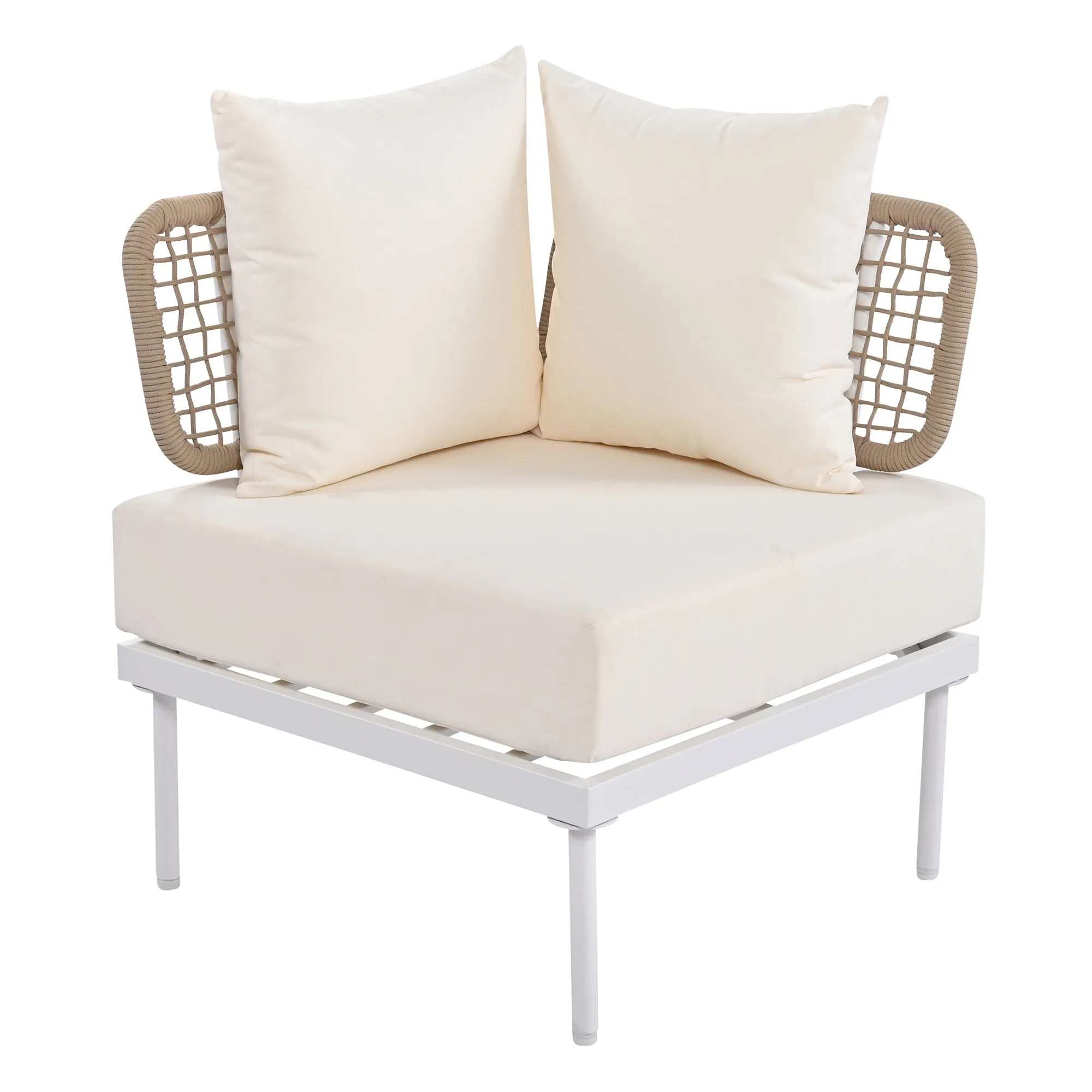 TREXM 8-Piece Patio Sectional Sofa Set with Tempered Glass Coffee Table and Wooden Coffee Table for Outdoor Oasis, Garden, Patio and Poolside (Beige Cushion   White Steel)