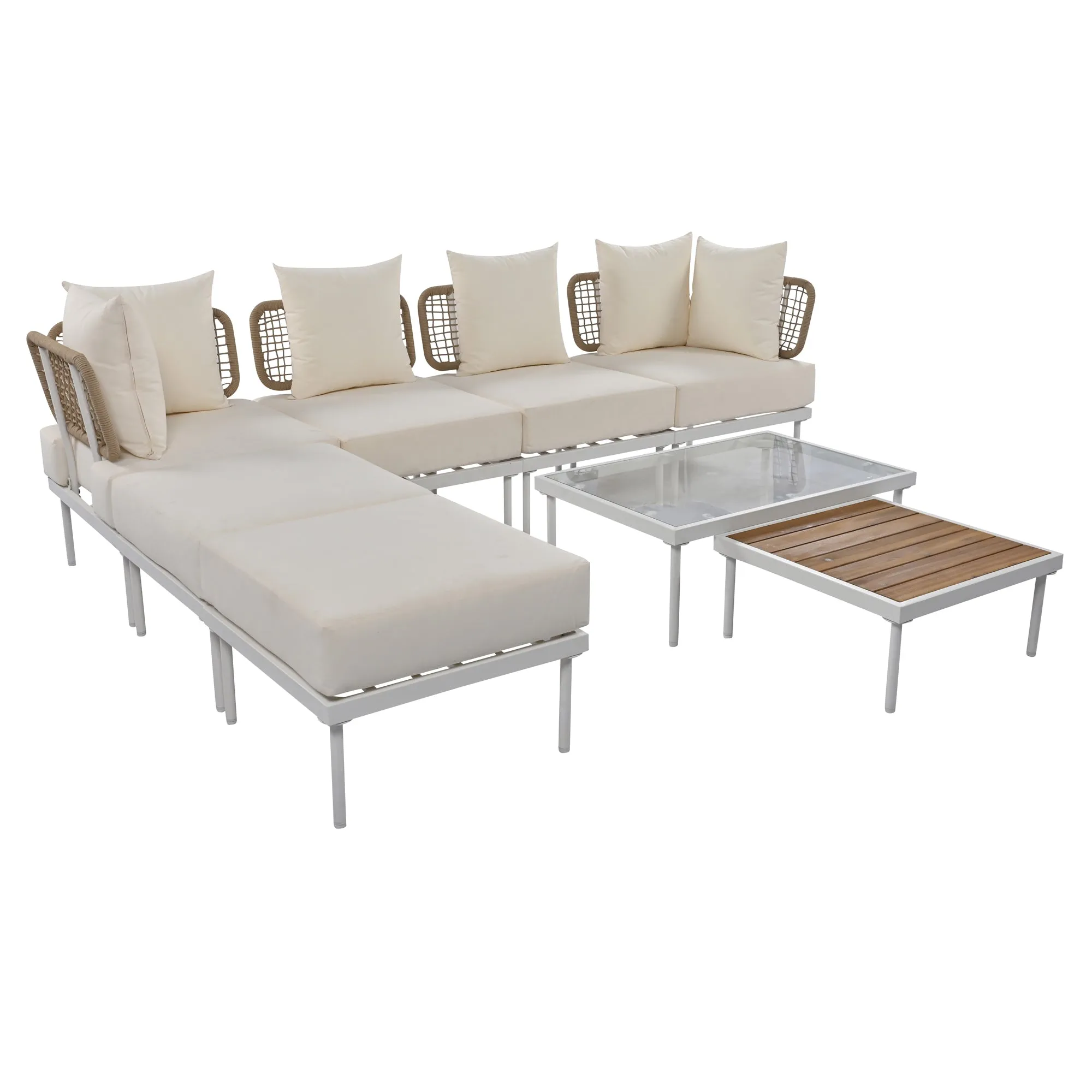 TREXM 8-Piece Patio Sectional Sofa Set with Tempered Glass Coffee Table and Wooden Coffee Table for Outdoor Oasis, Garden, Patio and Poolside (Beige Cushion   White Steel)