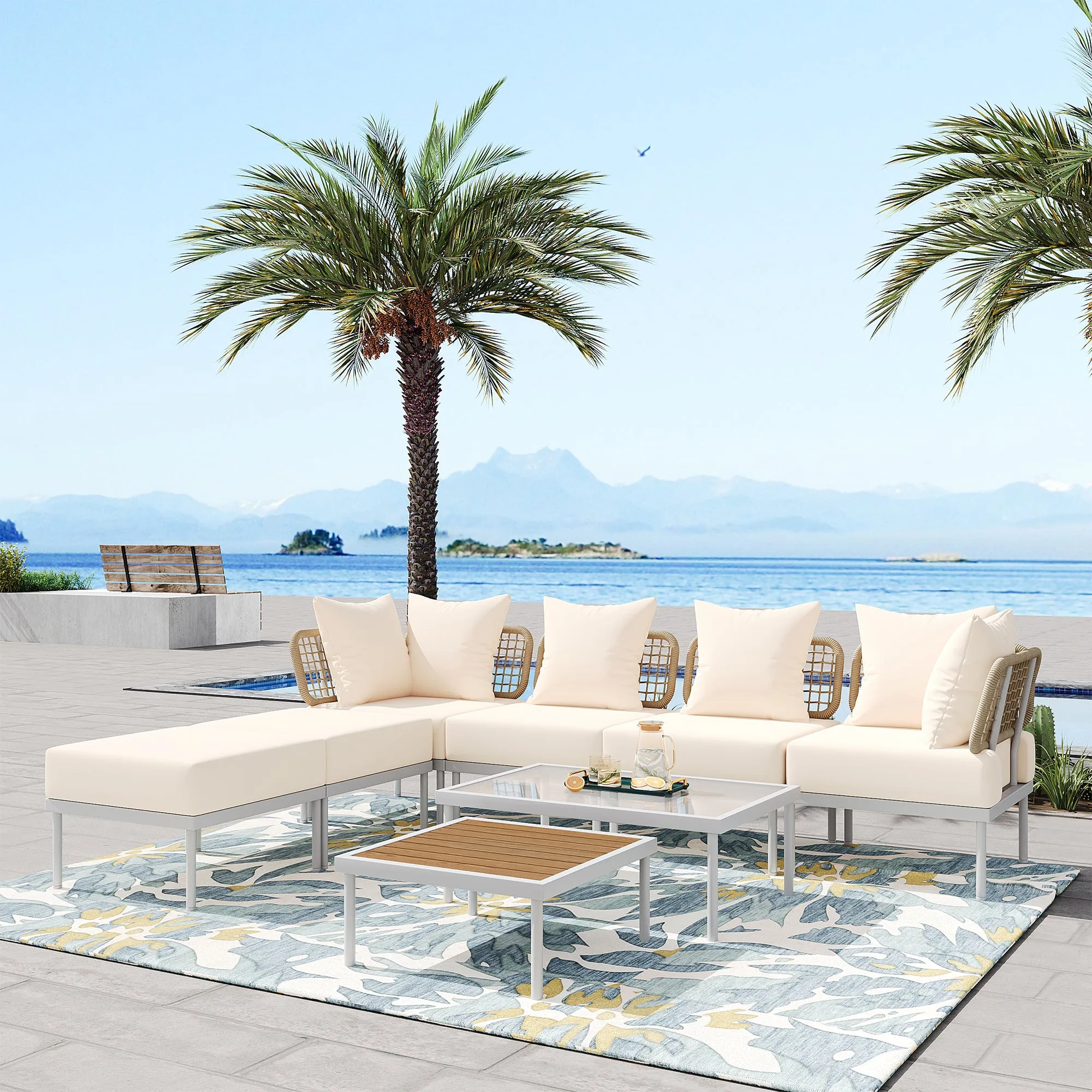 TREXM 8-Piece Patio Sectional Sofa Set with Tempered Glass Coffee Table and Wooden Coffee Table for Outdoor Oasis, Garden, Patio and Poolside (Beige Cushion   White Steel)