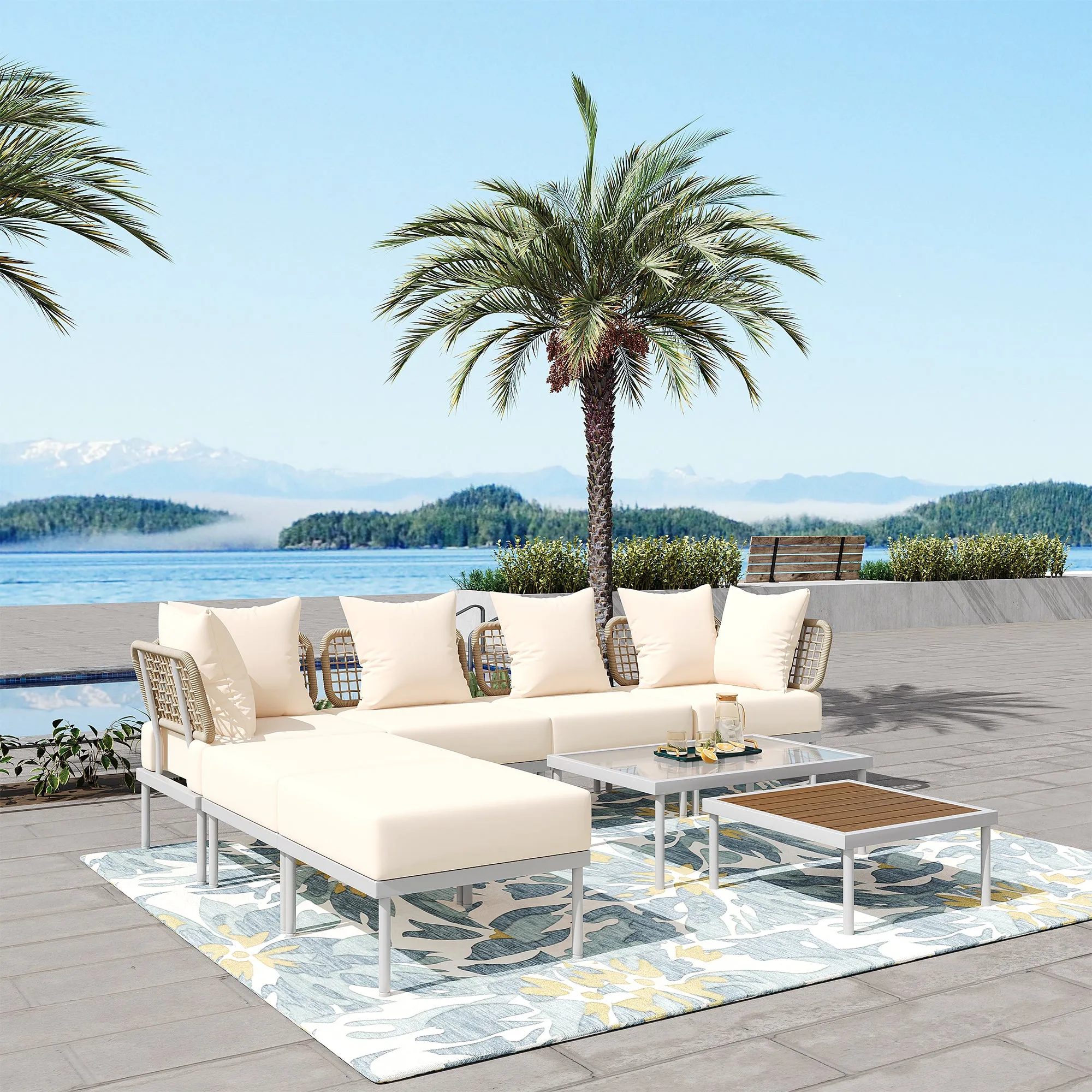 TREXM 8-Piece Patio Sectional Sofa Set with Tempered Glass Coffee Table and Wooden Coffee Table for Outdoor Oasis, Garden, Patio and Poolside (Beige Cushion   White Steel)