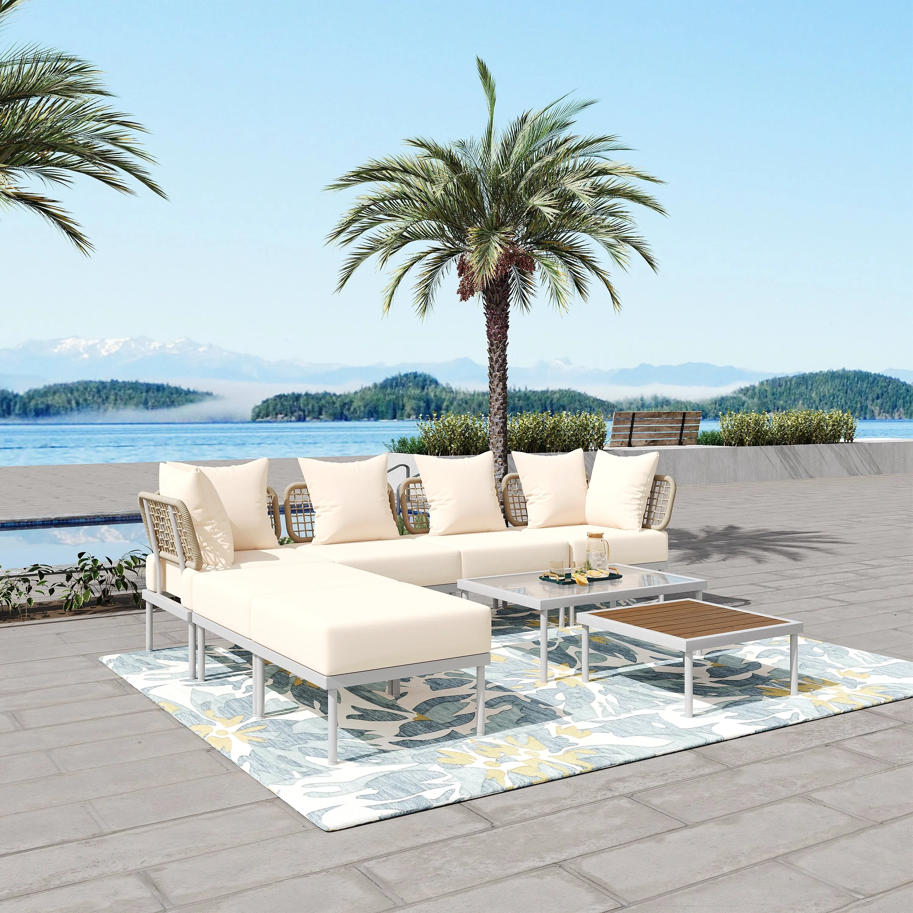 TREXM 8-Piece Patio Sectional Sofa Set with Tempered Glass Coffee Table and Wooden Coffee Table for Outdoor Oasis, Garden, Patio and Poolside (Beige Cushion   White Steel)