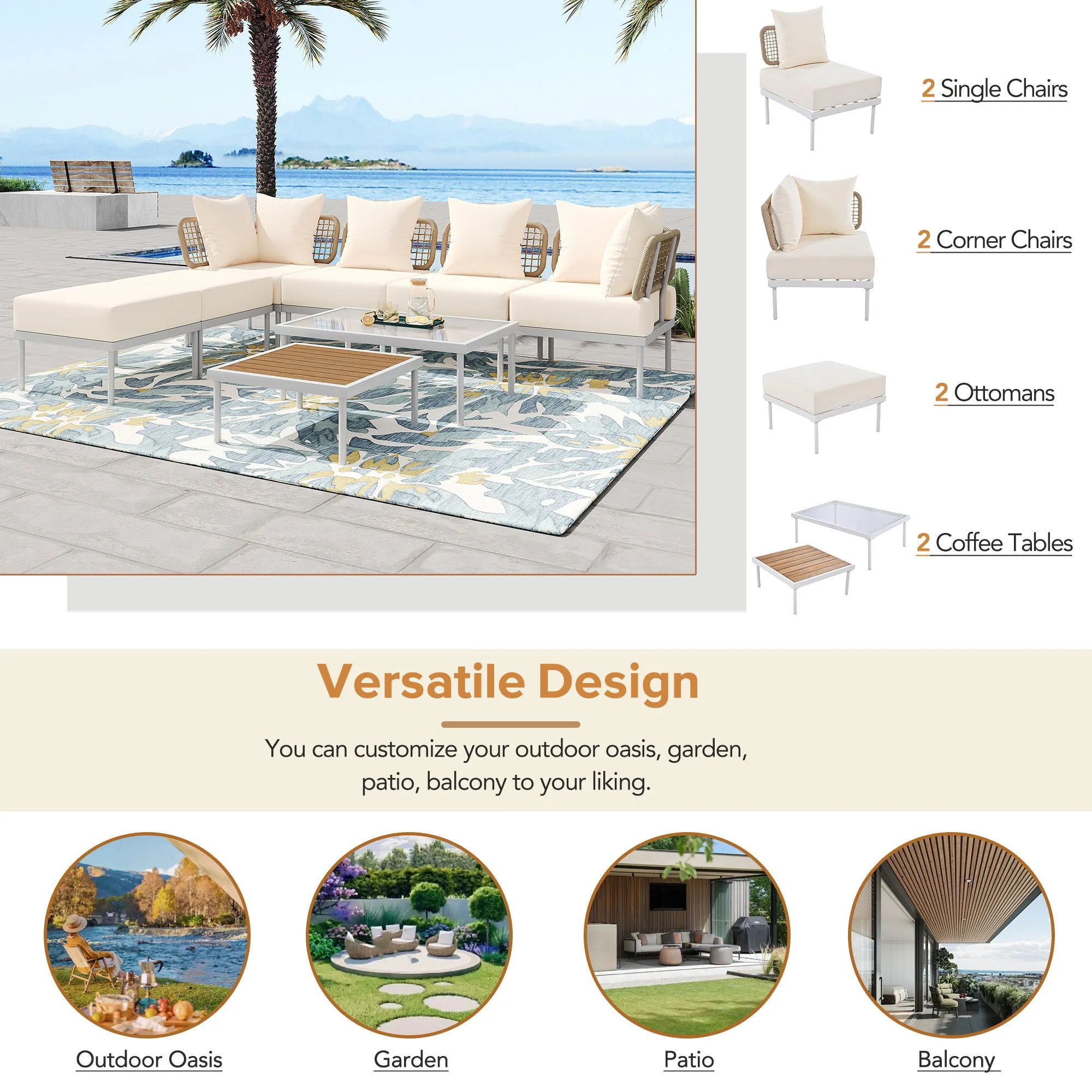 TREXM 8-Piece Patio Sectional Sofa Set with Tempered Glass Coffee Table and Wooden Coffee Table for Outdoor Oasis, Garden, Patio and Poolside (Beige Cushion   White Steel)