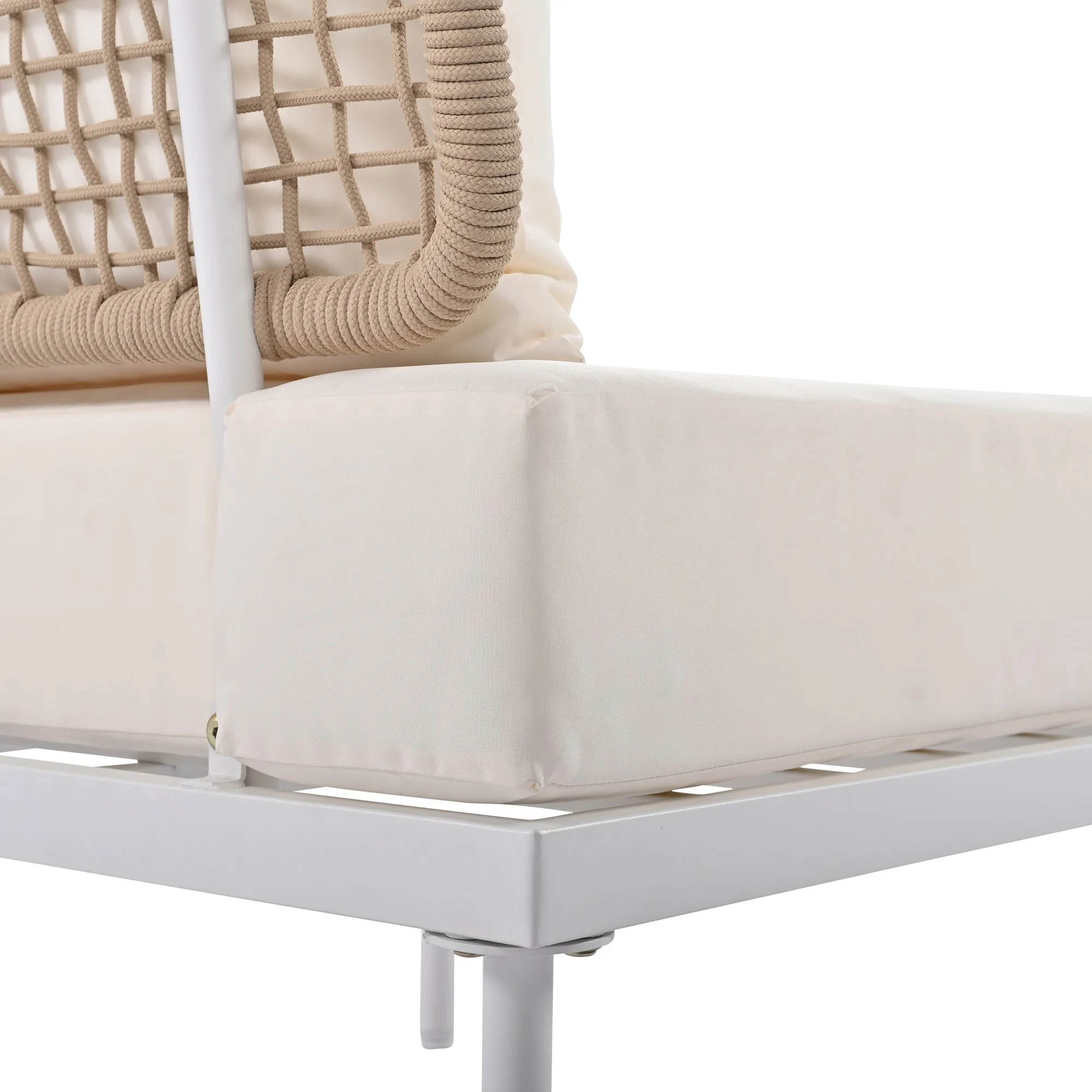 TREXM 8-Piece Patio Sectional Sofa Set with Tempered Glass Coffee Table and Wooden Coffee Table for Outdoor Oasis, Garden, Patio and Poolside (Beige Cushion   White Steel)