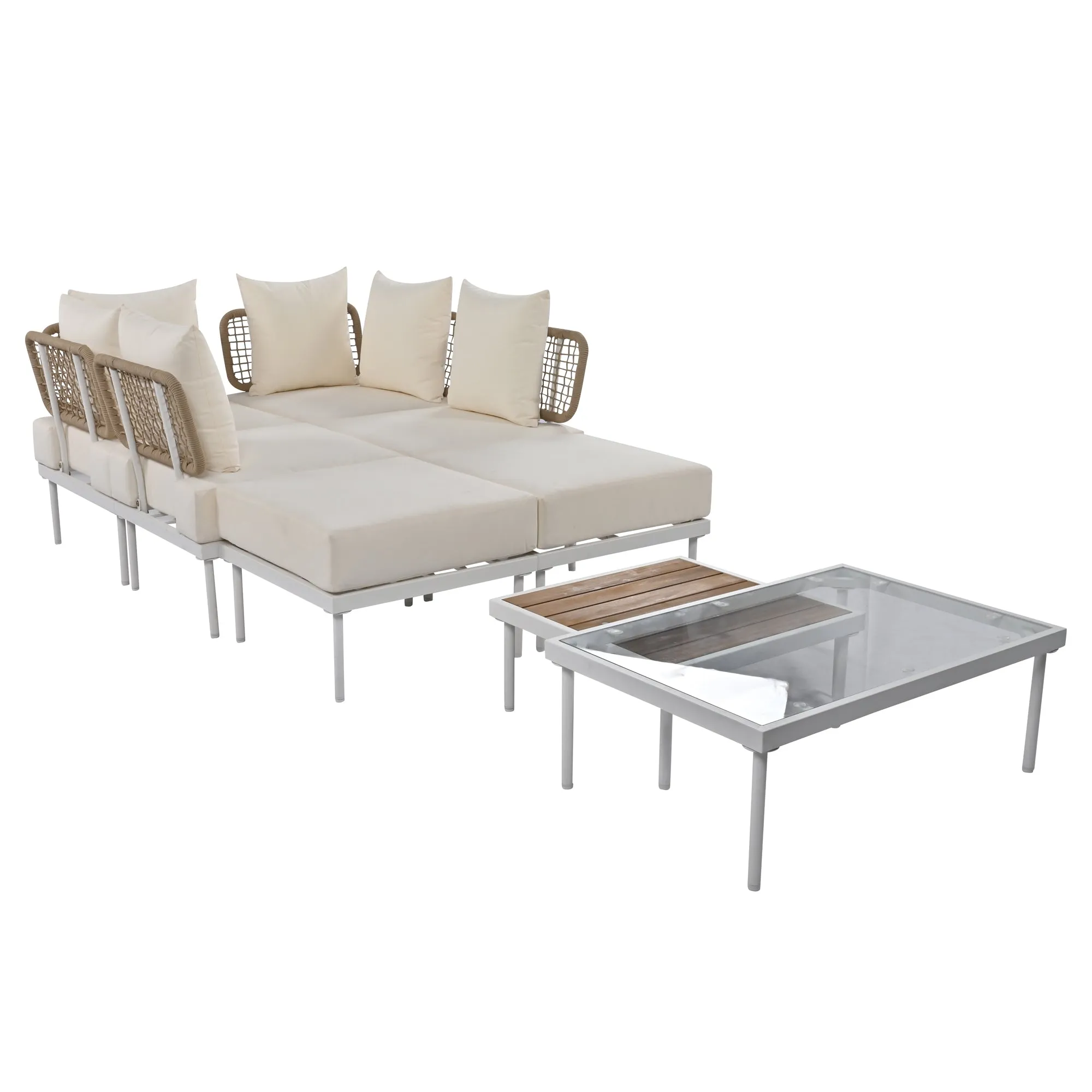 TREXM 8-Piece Patio Sectional Sofa Set with Tempered Glass Coffee Table and Wooden Coffee Table for Outdoor Oasis, Garden, Patio and Poolside (Beige Cushion   White Steel)