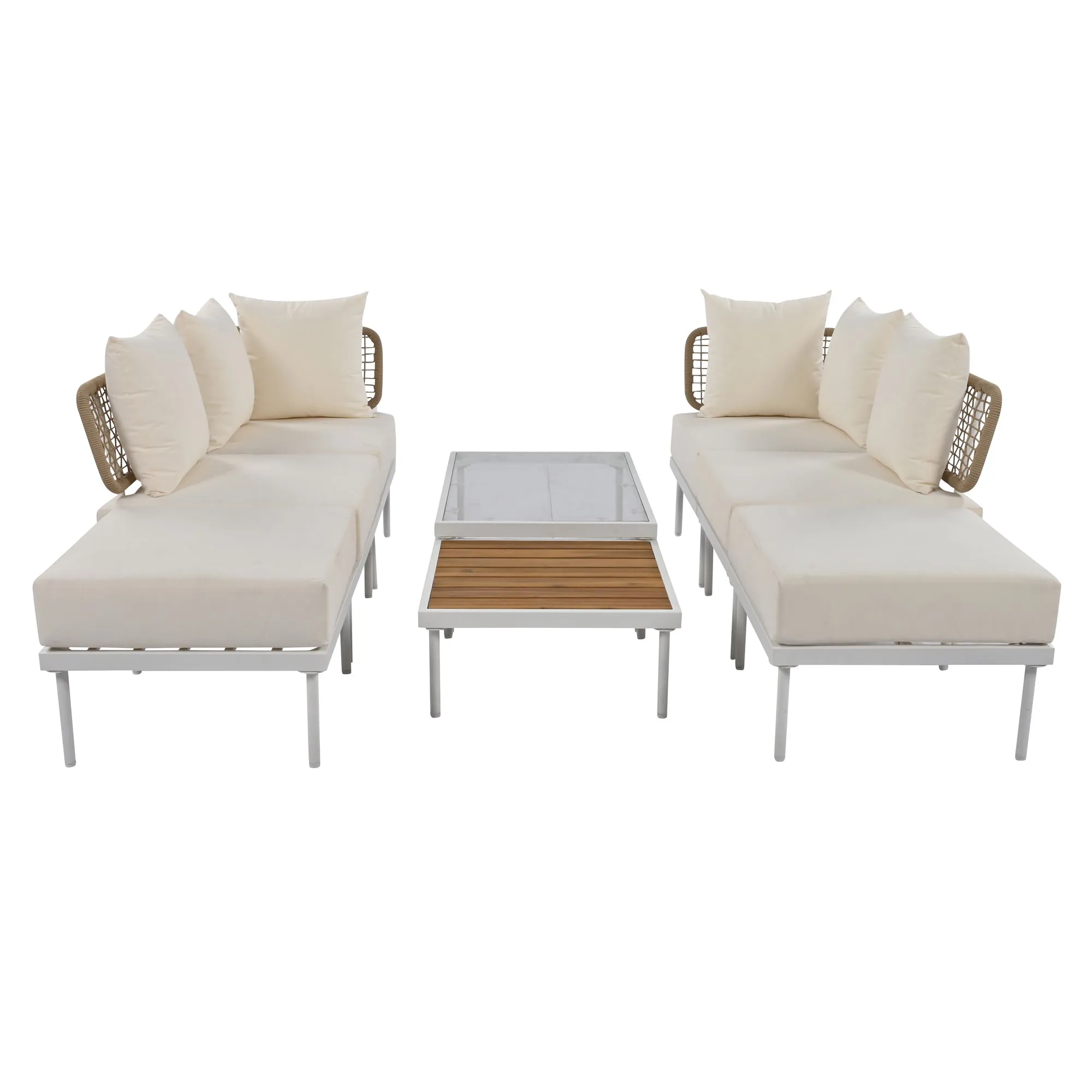 TREXM 8-Piece Patio Sectional Sofa Set with Tempered Glass Coffee Table and Wooden Coffee Table for Outdoor Oasis, Garden, Patio and Poolside (Beige Cushion   White Steel)