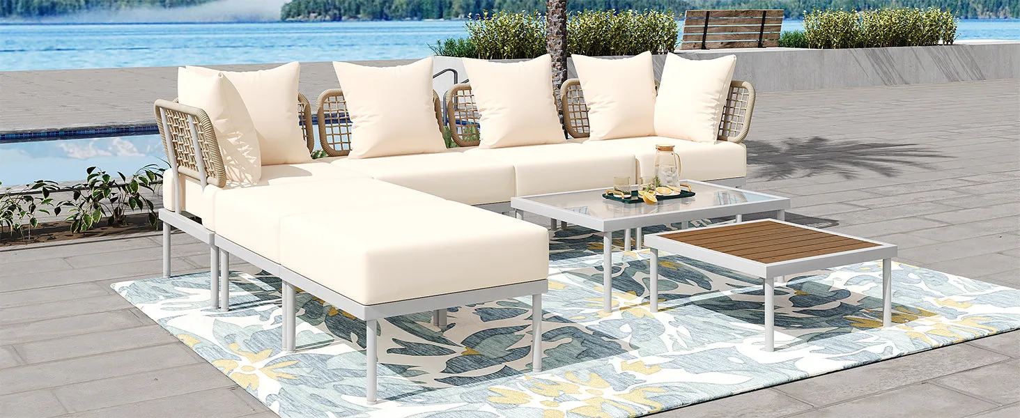 TREXM 8-Piece Patio Sectional Sofa Set with Tempered Glass Coffee Table and Wooden Coffee Table for Outdoor Oasis, Garden, Patio and Poolside (Beige Cushion   White Steel)