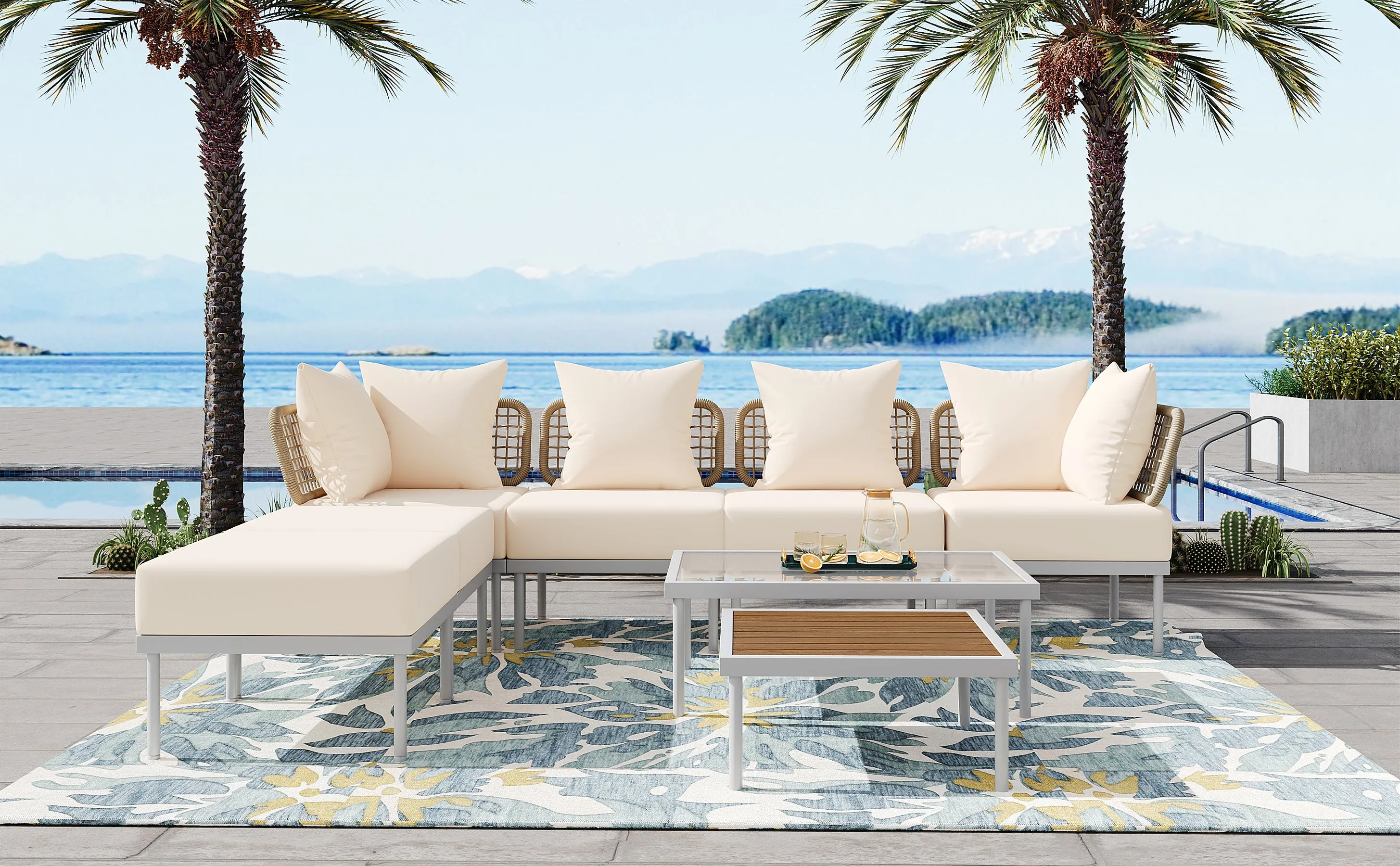 TREXM 8-Piece Patio Sectional Sofa Set with Tempered Glass Coffee Table and Wooden Coffee Table for Outdoor Oasis, Garden, Patio and Poolside (Beige Cushion   White Steel)