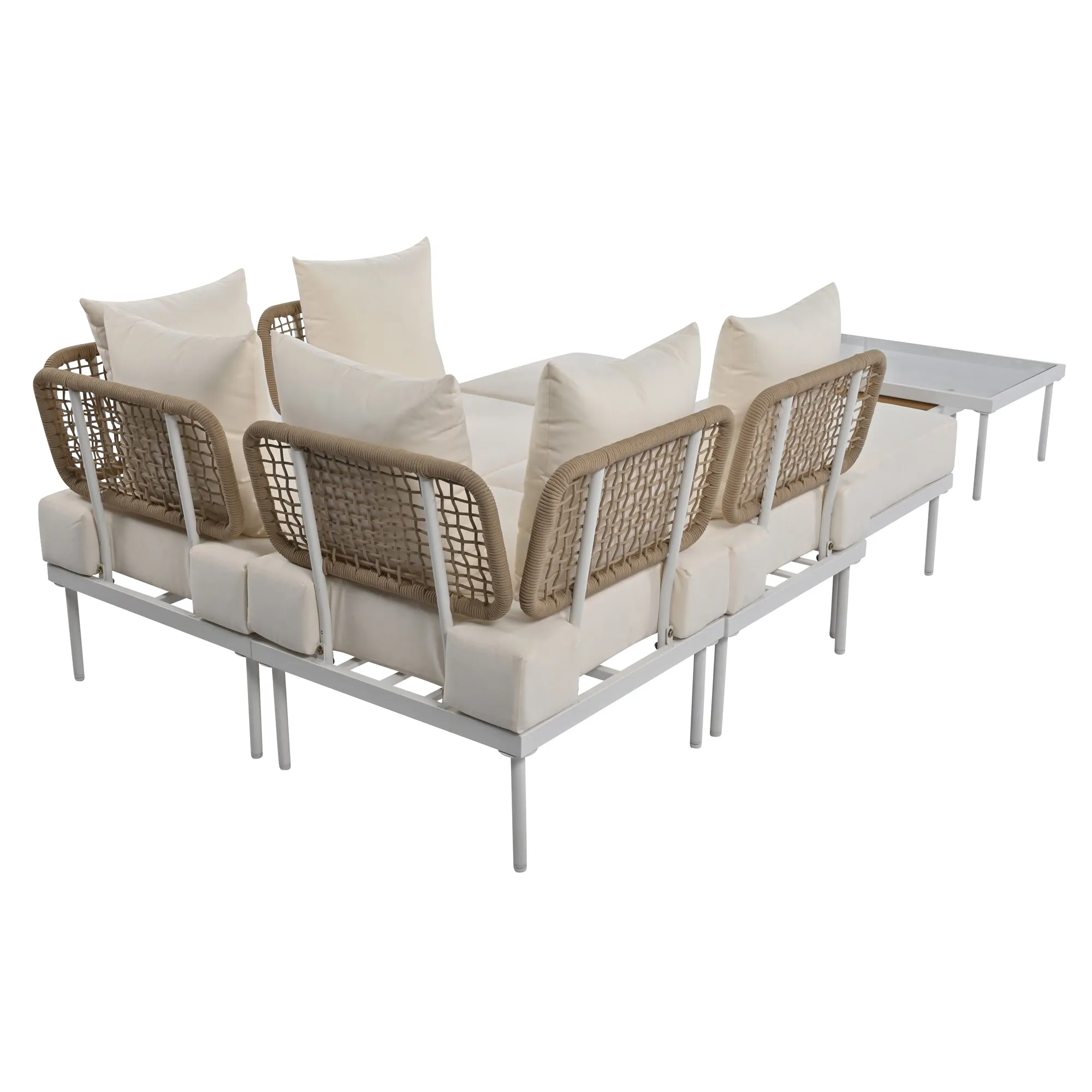 TREXM 8-Piece Patio Sectional Sofa Set with Tempered Glass Coffee Table and Wooden Coffee Table for Outdoor Oasis, Garden, Patio and Poolside (Beige Cushion   White Steel)