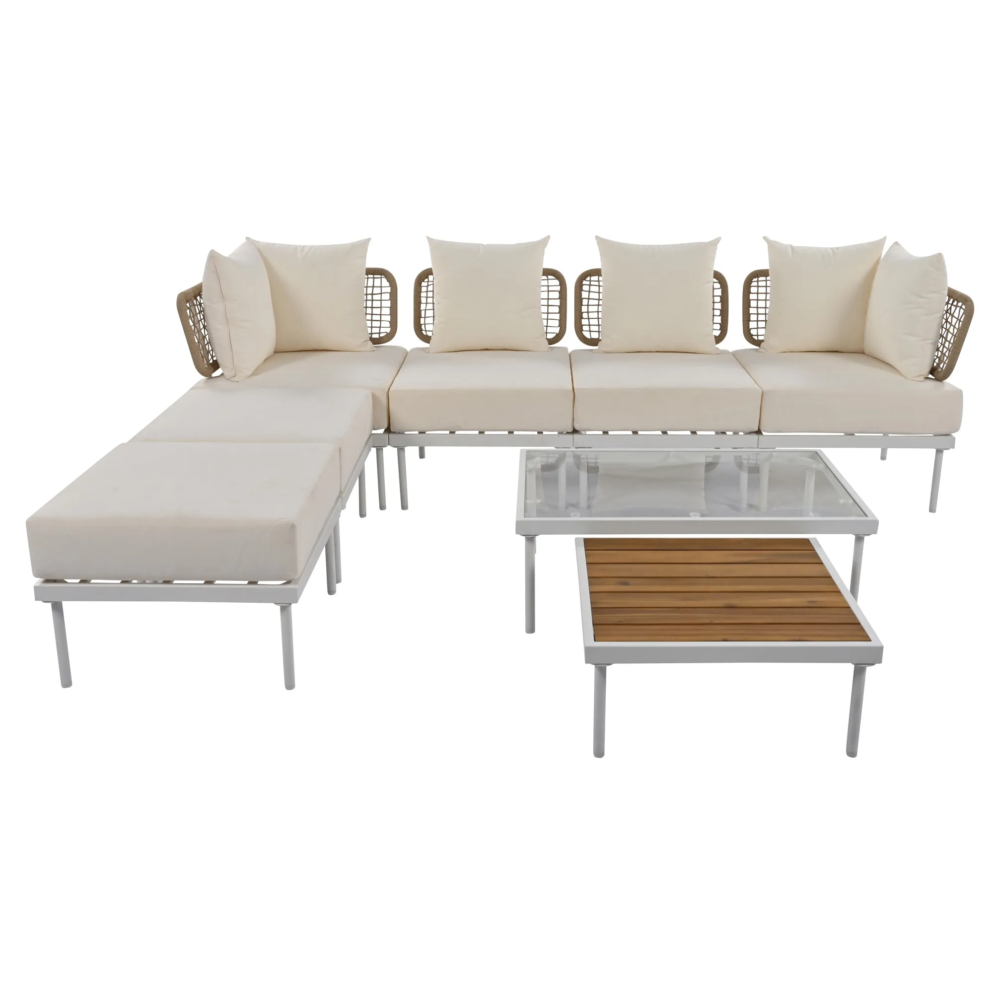 TREXM 8-Piece Patio Sectional Sofa Set with Tempered Glass Coffee Table and Wooden Coffee Table for Outdoor Oasis, Garden, Patio and Poolside (Beige Cushion   White Steel)
