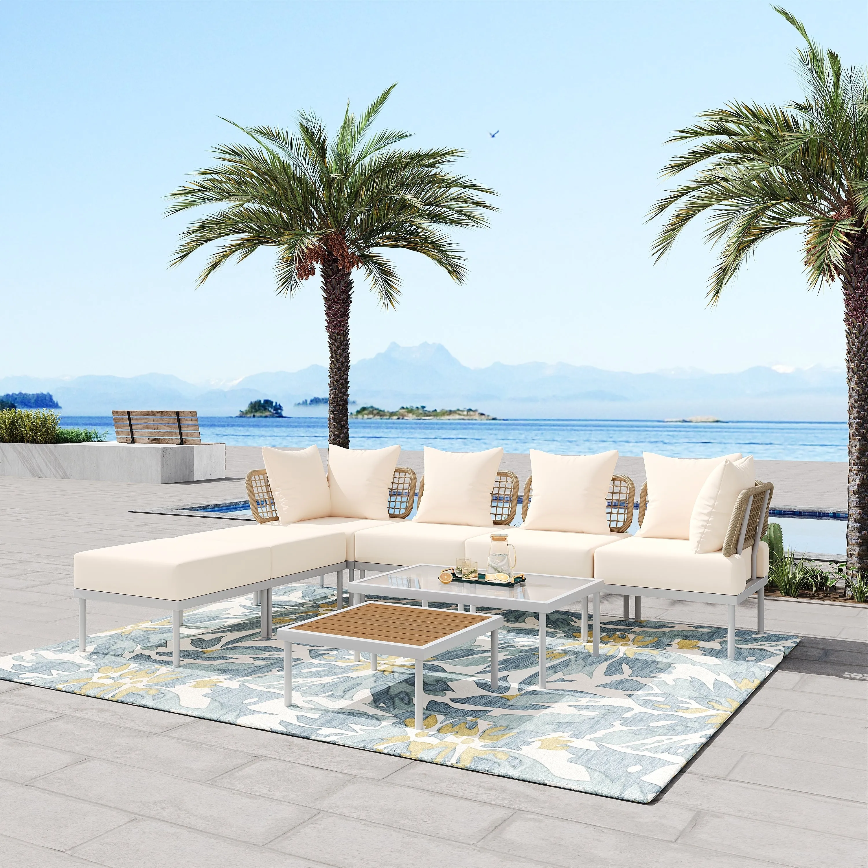 TREXM 8-Piece Patio Sectional Sofa Set with Tempered Glass Coffee Table and Wooden Coffee Table for Outdoor Oasis, Garden, Patio and Poolside (Beige Cushion   White Steel)