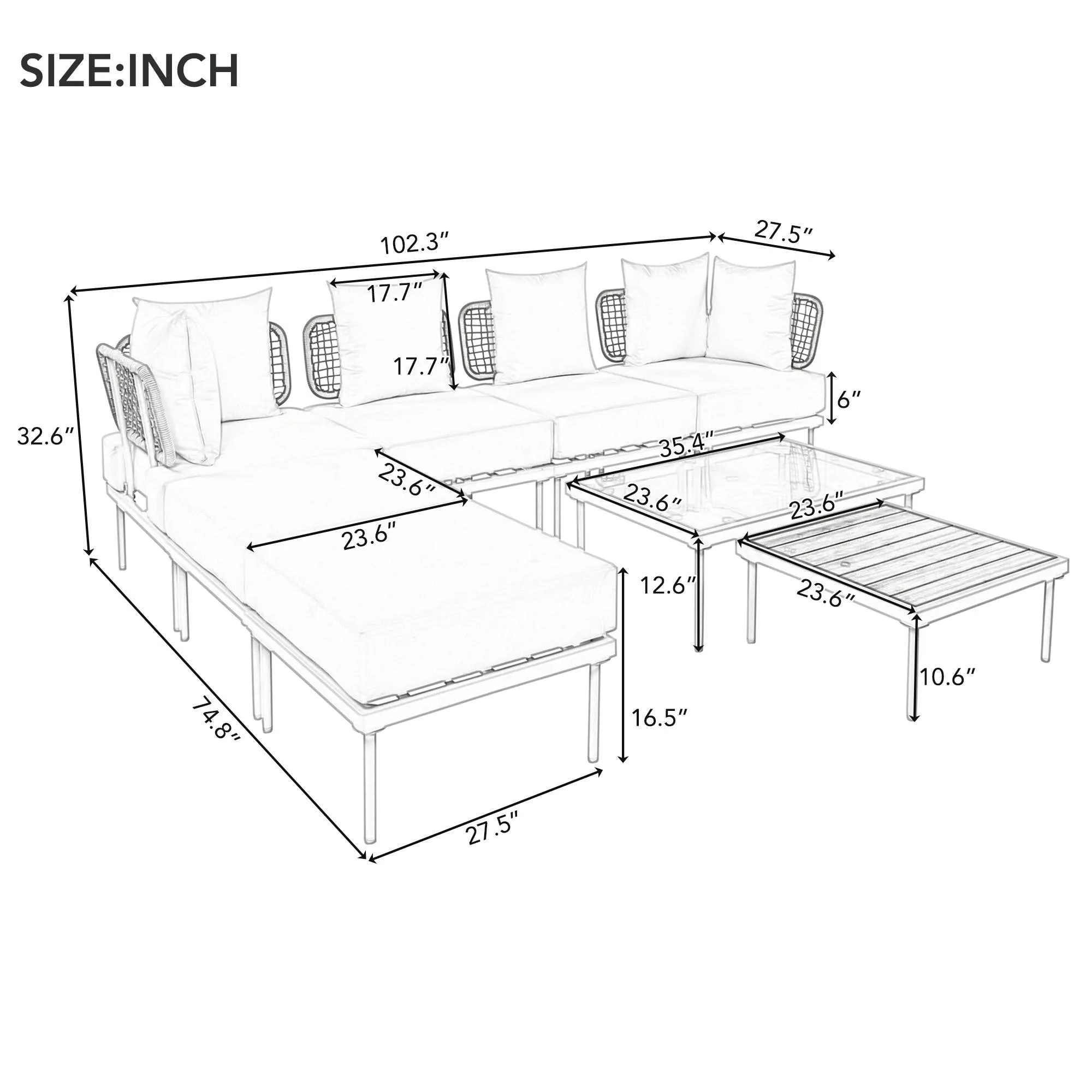 TREXM 8-Piece Patio Sectional Sofa Set with Tempered Glass Coffee Table and Wooden Coffee Table for Outdoor Oasis, Garden, Patio and Poolside (Beige Cushion   White Steel)
