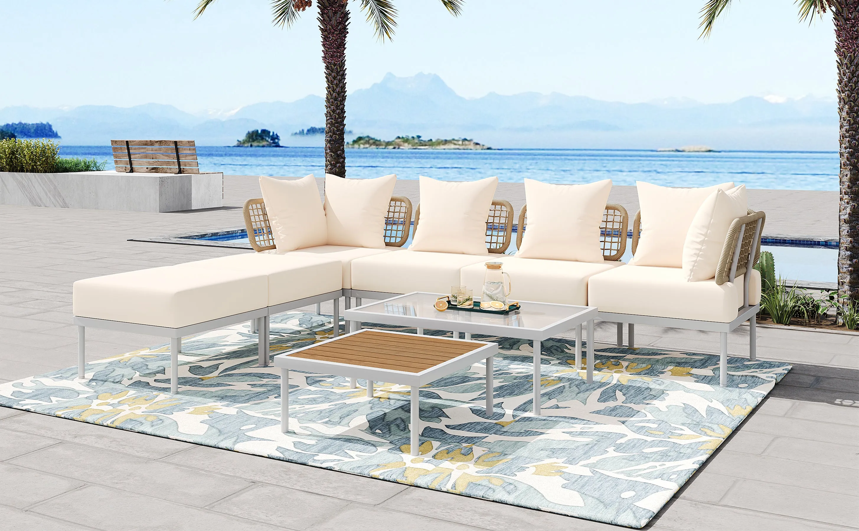 TREXM 8-Piece Patio Sectional Sofa Set with Tempered Glass Coffee Table and Wooden Coffee Table for Outdoor Oasis, Garden, Patio and Poolside (Beige Cushion   White Steel)