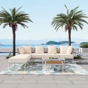 TREXM 8-Piece Patio Sectional Sofa Set with Tempered Glass Coffee Table and Wooden Coffee Table for Outdoor Oasis, Garden, Patio and Poolside (Beige Cushion   White Steel)