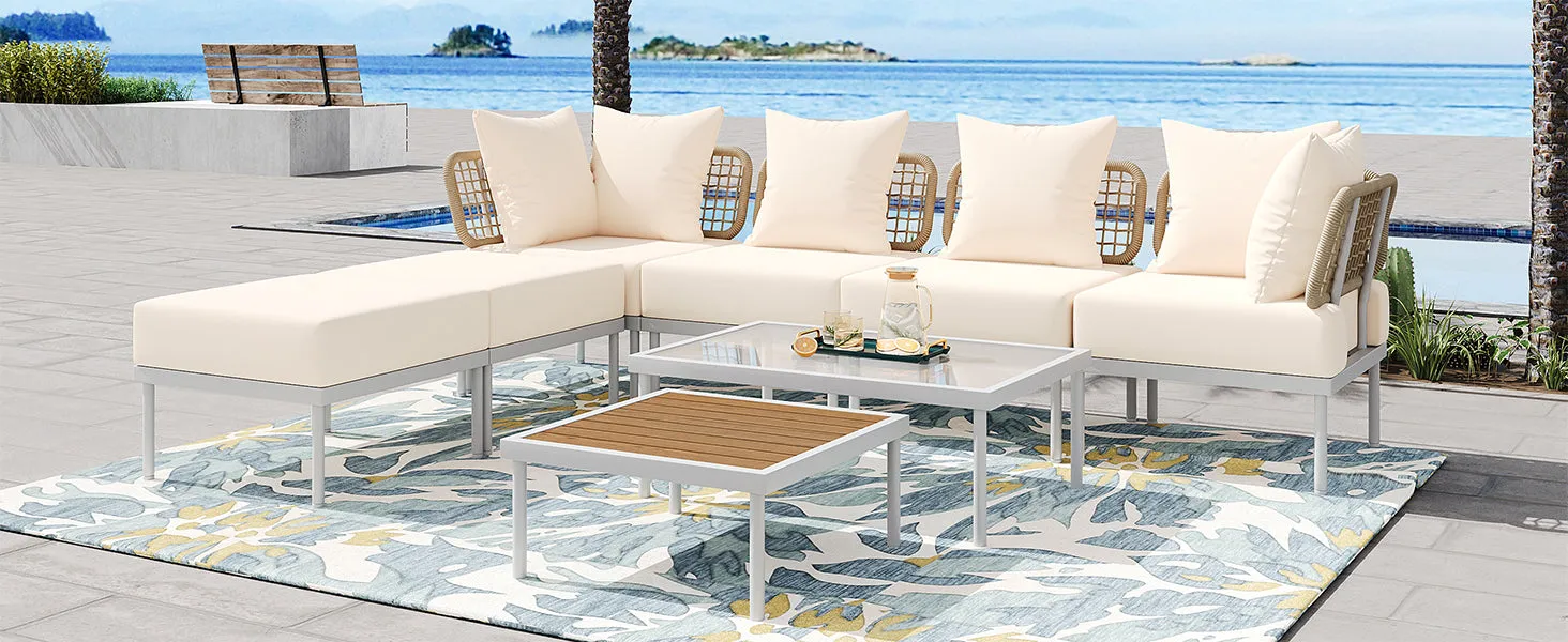 TREXM 8-Piece Patio Sectional Sofa Set with Tempered Glass Coffee Table and Wooden Coffee Table for Outdoor Oasis, Garden, Patio and Poolside (Beige Cushion   White Steel)