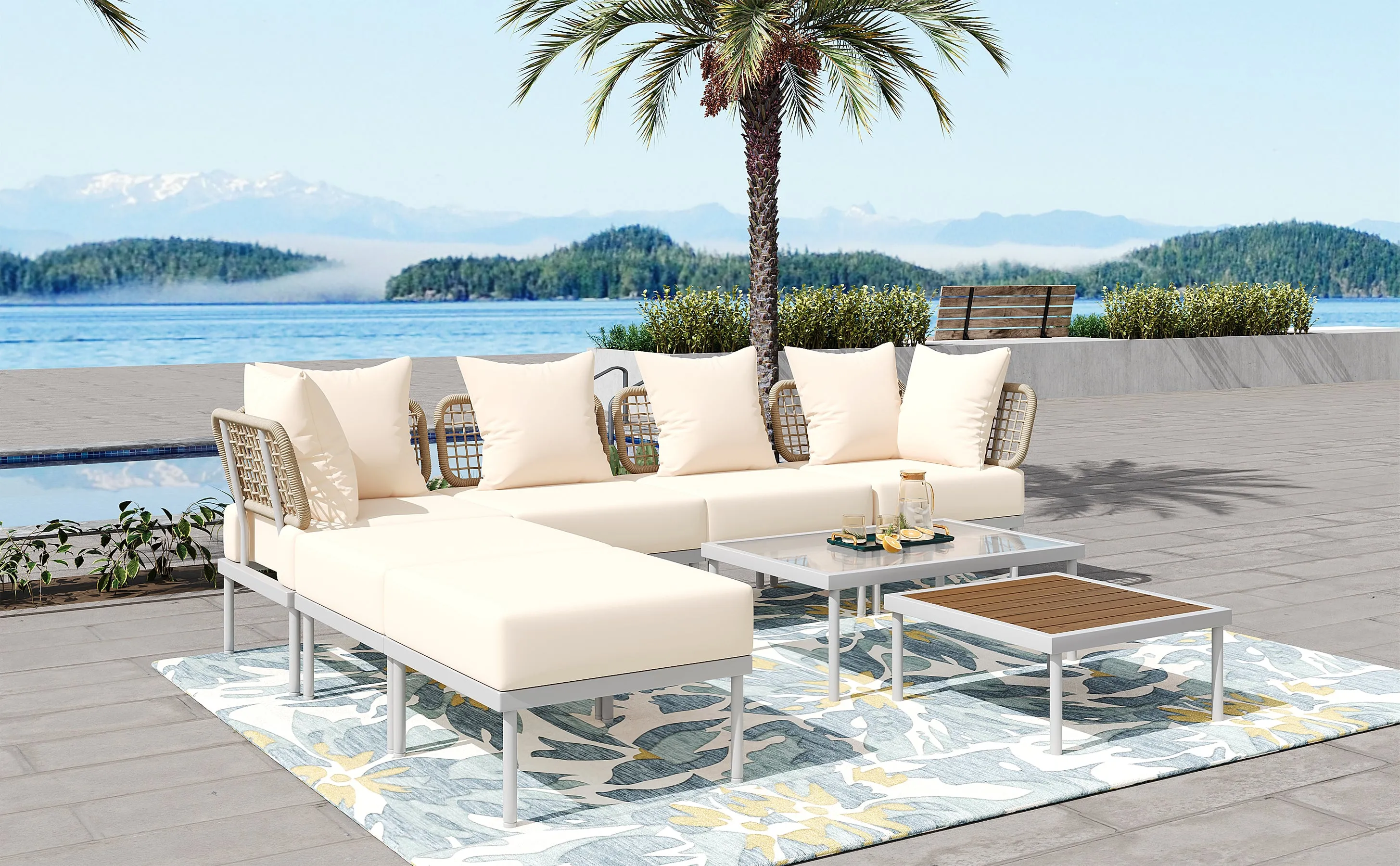 TREXM 8-Piece Patio Sectional Sofa Set with Tempered Glass Coffee Table and Wooden Coffee Table for Outdoor Oasis, Garden, Patio and Poolside (Beige Cushion   White Steel)