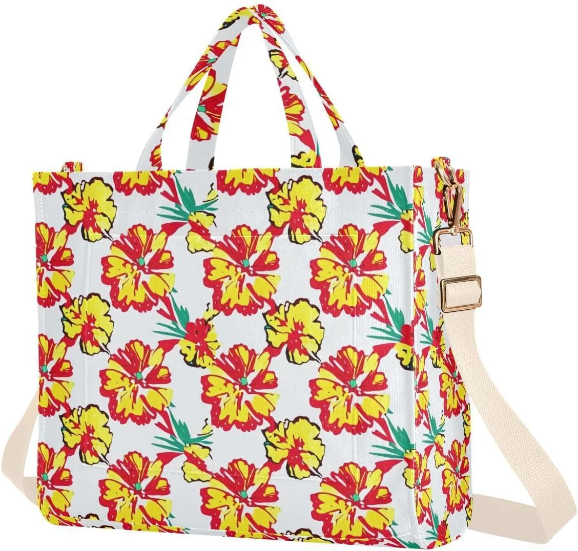 Tropical Flowers Yellow Corduroy Tote Bag for Women Hobo Crossbody Bag Purse Stylish Shoulder Handbag Messenger Bags, S
