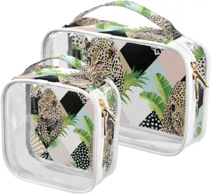 Tropical-palm-leaves-print 2 Pieces Clear Makeup Cosmetic Bags for Traveling Vacation Organizing, Toiletry Bags for Women Men, PVC Waterproof Travel Organizer