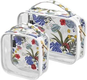 Tropical Patterns 2 Pieces Clear Makeup Cosmetic Bags for Traveling Vacation Organizing, Toiletry Bags for Women Men, PVC Waterproof Travel Organizer