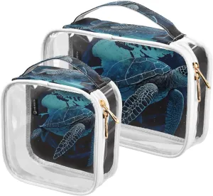 Turtle Blue 2 Pieces Clear Makeup Cosmetic Bags for Traveling Vacation Organizing, Toiletry Bags for Women Men, PVC Waterproof Travel Organizer