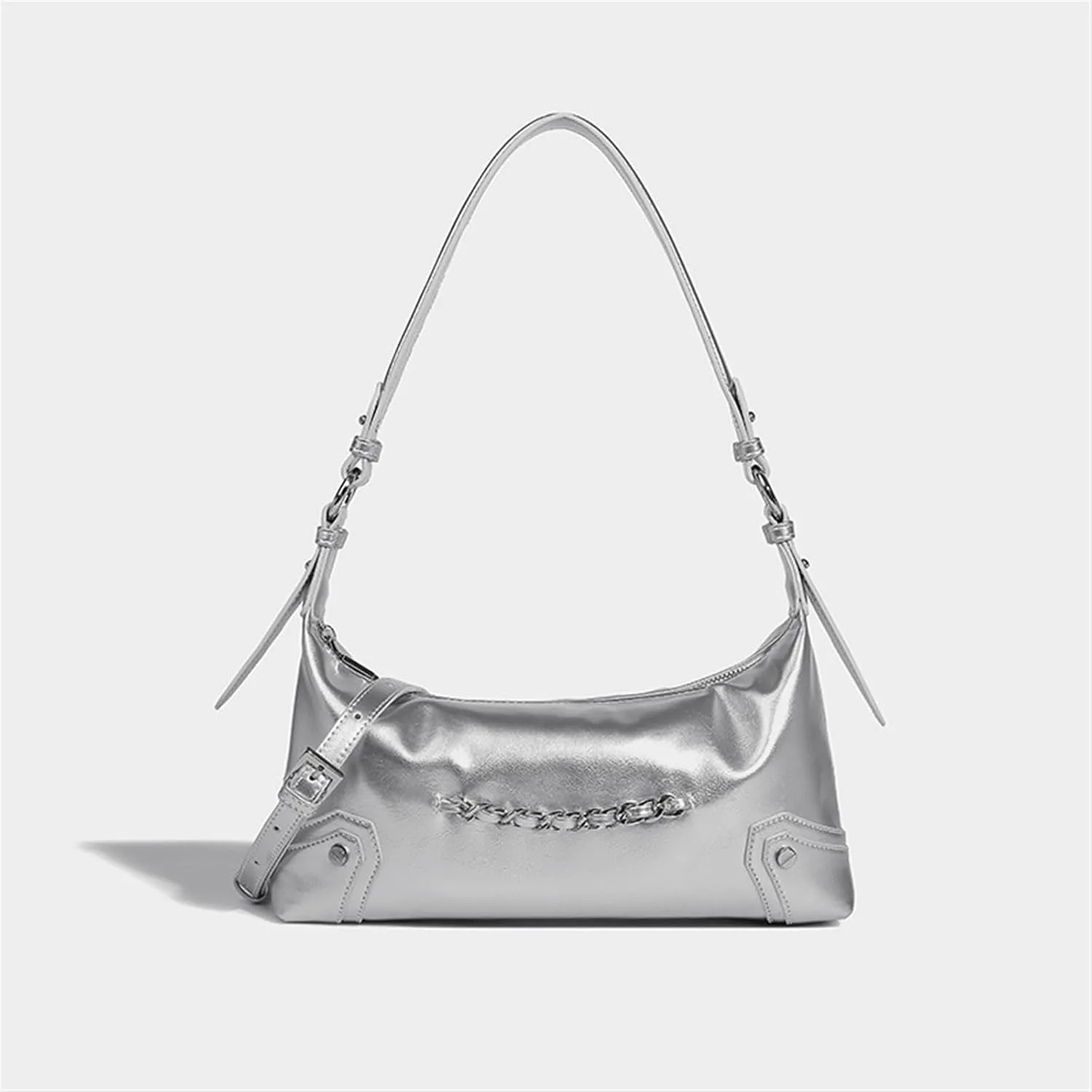Underarm Bag, High-end Fashion Trendy Hand Bag, Women's Portable Long Bag, Silver Versatile And Cool Motorcycle Bag(Brown)