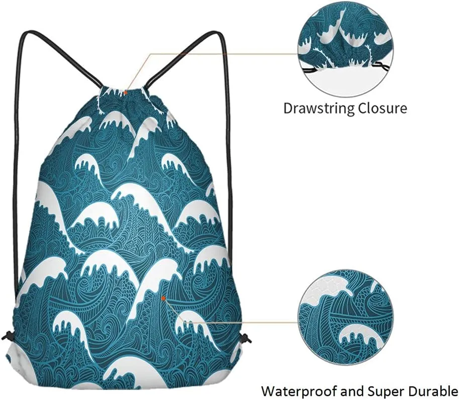 Unisex Adult Modern Vintage Blue Abstract Sports Multi-Sport Drawstring Backpack, 14x16.9 Inch, Waterproof, Polyester, 2 Compartments