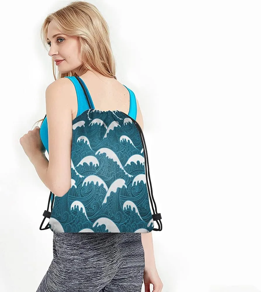 Unisex Adult Modern Vintage Blue Abstract Sports Multi-Sport Drawstring Backpack, 14x16.9 Inch, Waterproof, Polyester, 2 Compartments