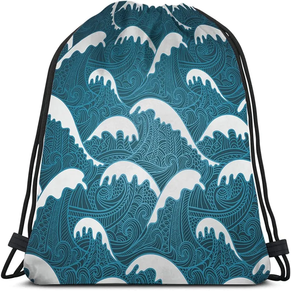 Unisex Adult Modern Vintage Blue Abstract Sports Multi-Sport Drawstring Backpack, 14x16.9 Inch, Waterproof, Polyester, 2 Compartments