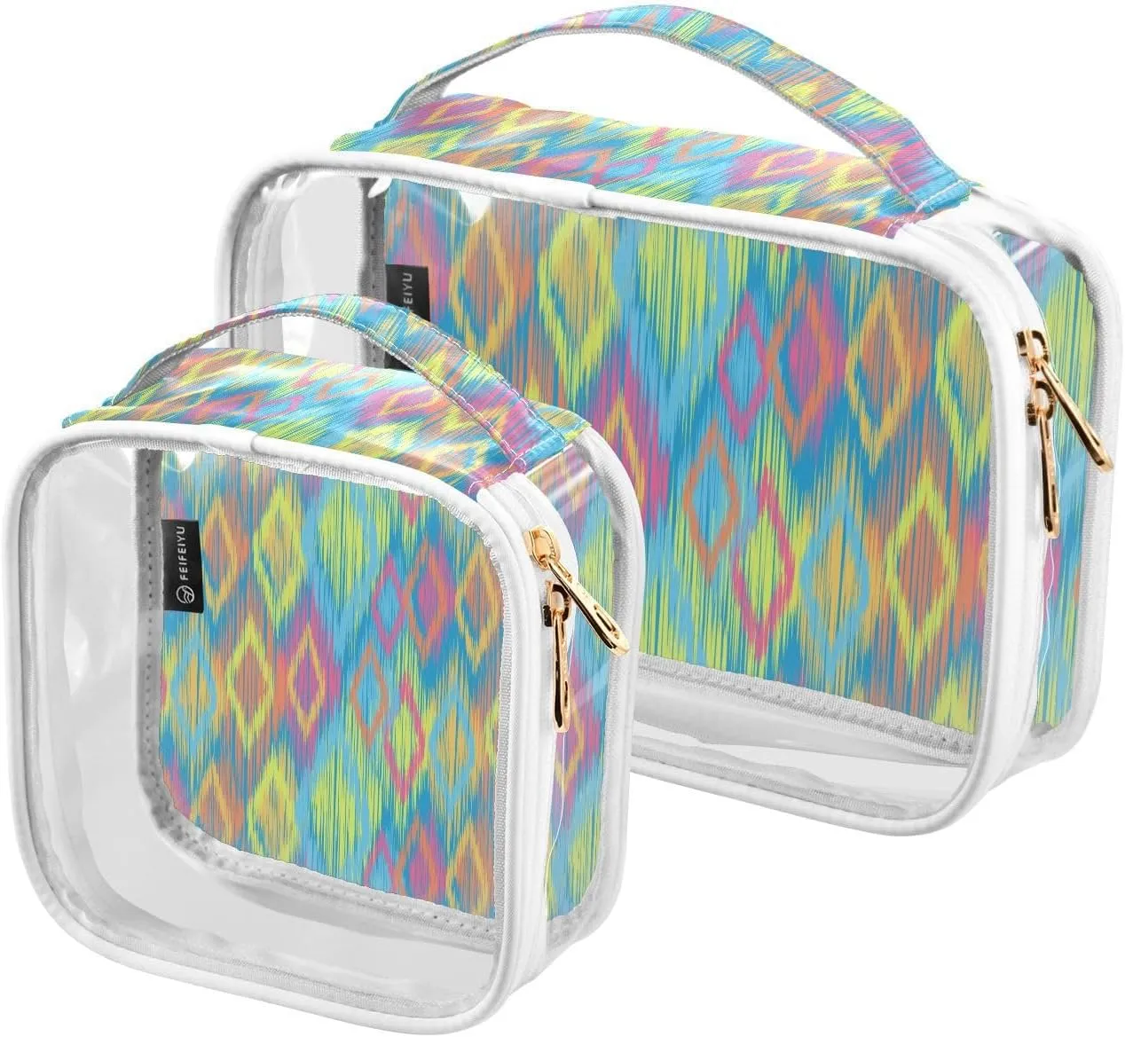 Uzbek Print Rainbow 2 Pieces Clear Makeup Cosmetic Bags for Traveling Vacation Organizing, Toiletry Bags for Women Men, PVC Waterproof Travel Organizer