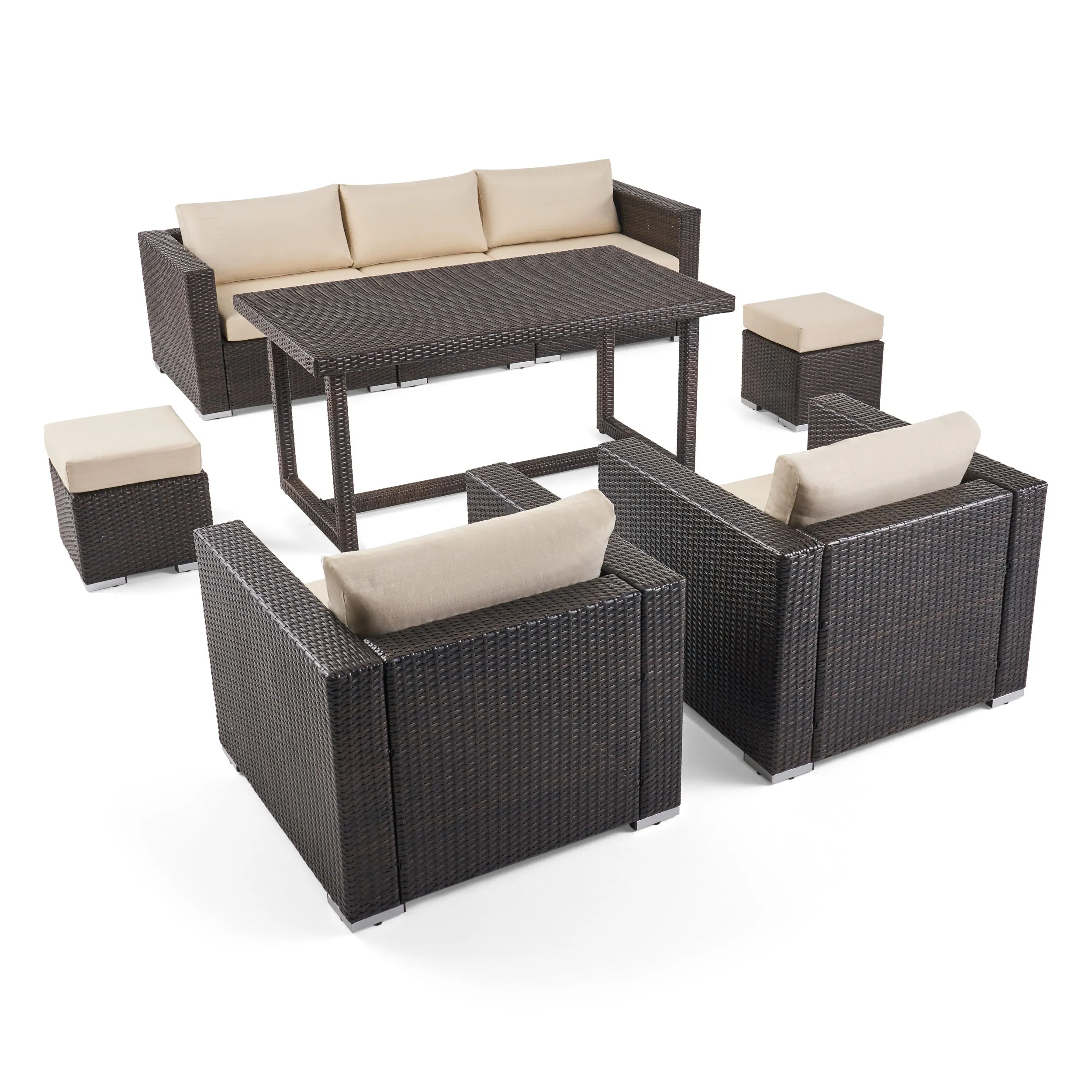 Valentina Outdoor 7 Seater Wicker and Aluminum Sofa Dining Set