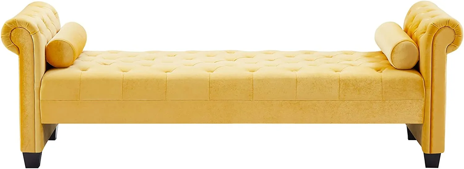 Velvet Long Ottoman Bench 82.3" Button Tufted, Curved Rolled Arm