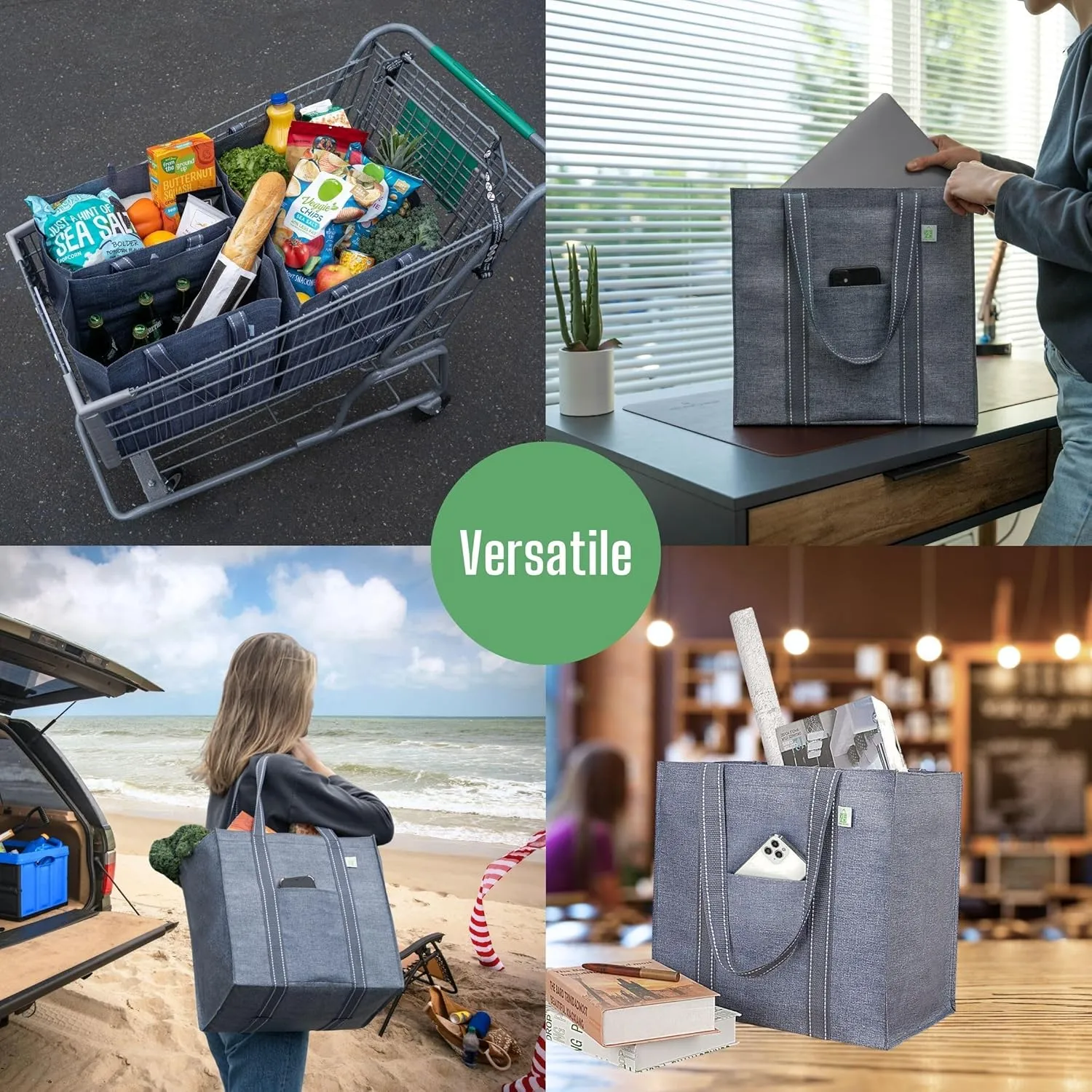 VENO 4 Pack Reusable Grocery Bags, Heavy-Duty Shopping Bags with Handles, Bags for Shopping Cart with Hard Bottom to Stand Upright, Foldable, Multi-Purpose(Gray, 4 Pack)