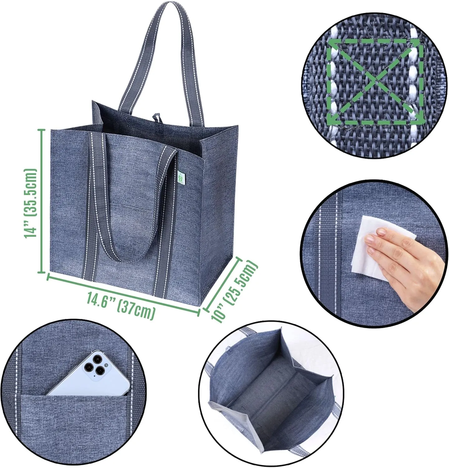 VENO 4 Pack Reusable Grocery Bags, Heavy-Duty Shopping Bags with Handles, Bags for Shopping Cart with Hard Bottom to Stand Upright, Foldable, Multi-Purpose(Gray, 4 Pack)