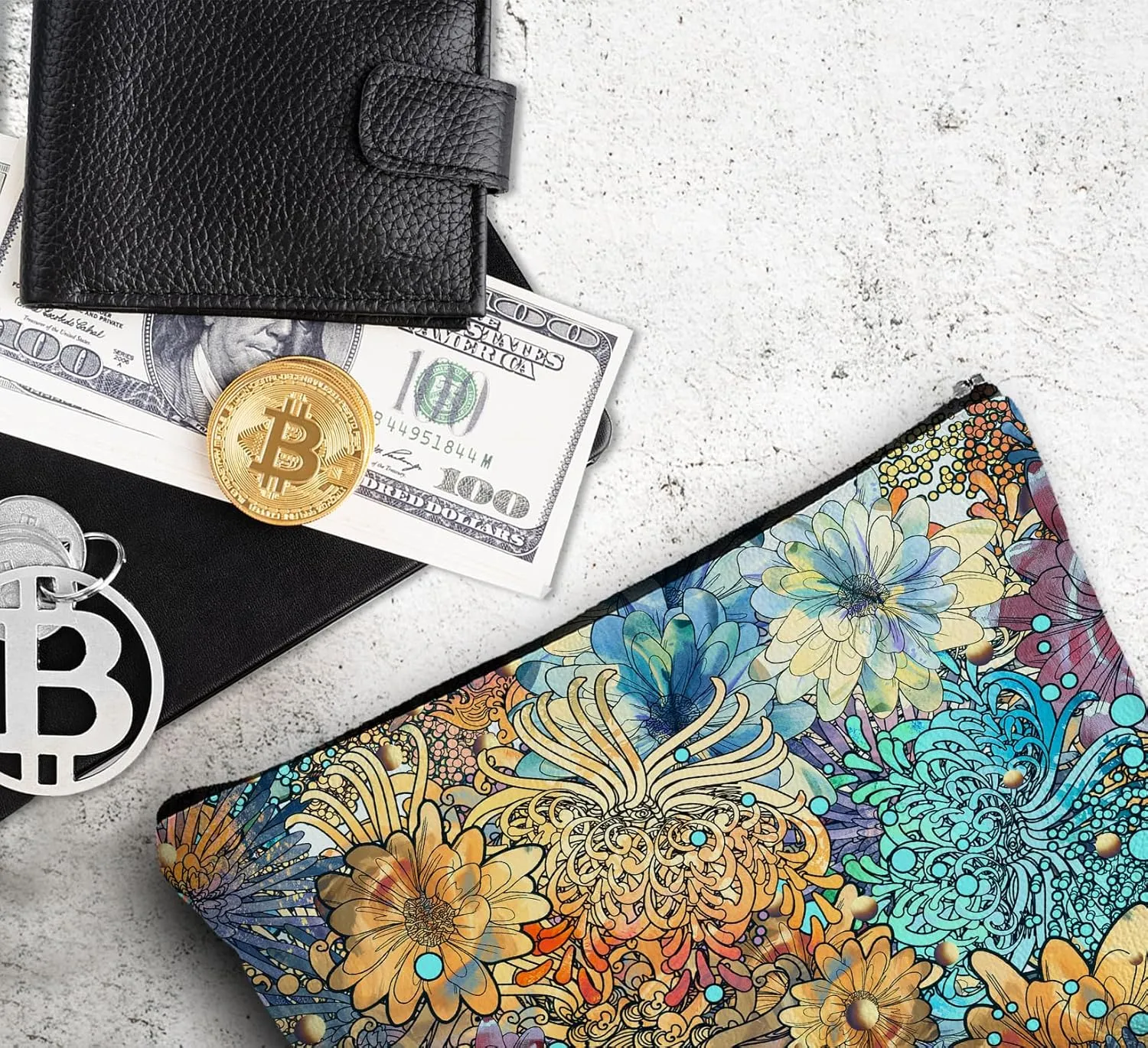 Vintage Abstract Makeup Bag,Wildflower Leather Small Zipper Pouch for Purse,Cosmetic Bag Zipper Pouch for Women Teens Girl,Small Makeup Bag