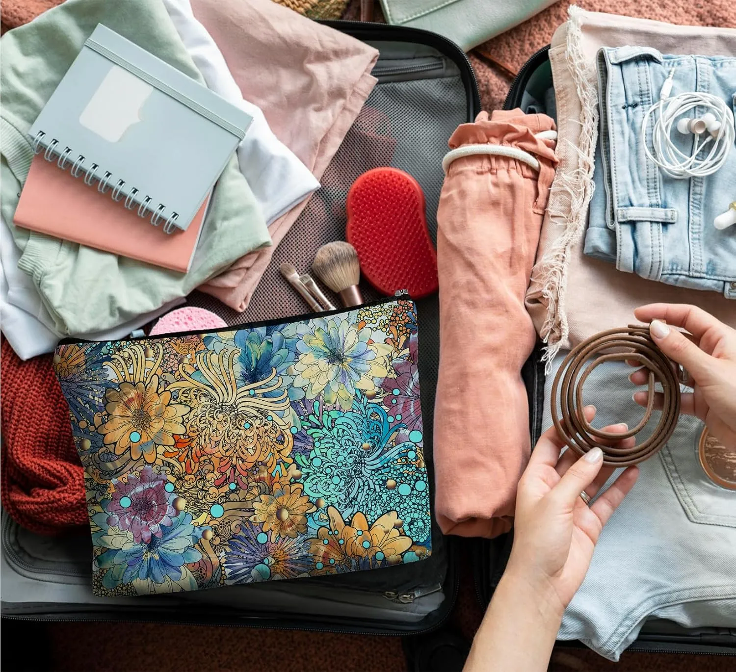 Vintage Abstract Makeup Bag,Wildflower Leather Small Zipper Pouch for Purse,Cosmetic Bag Zipper Pouch for Women Teens Girl,Small Makeup Bag