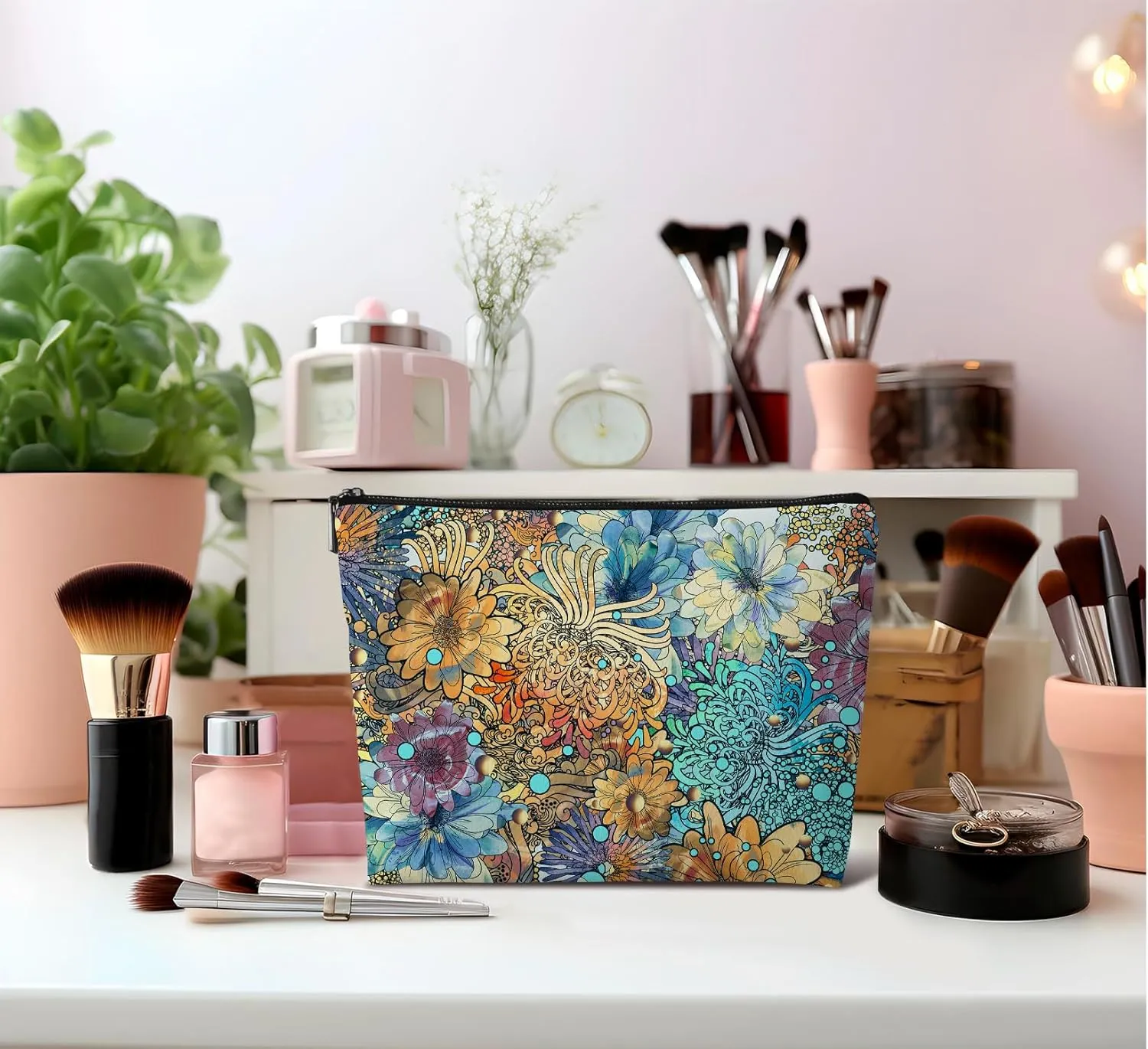 Vintage Abstract Makeup Bag,Wildflower Leather Small Zipper Pouch for Purse,Cosmetic Bag Zipper Pouch for Women Teens Girl,Small Makeup Bag