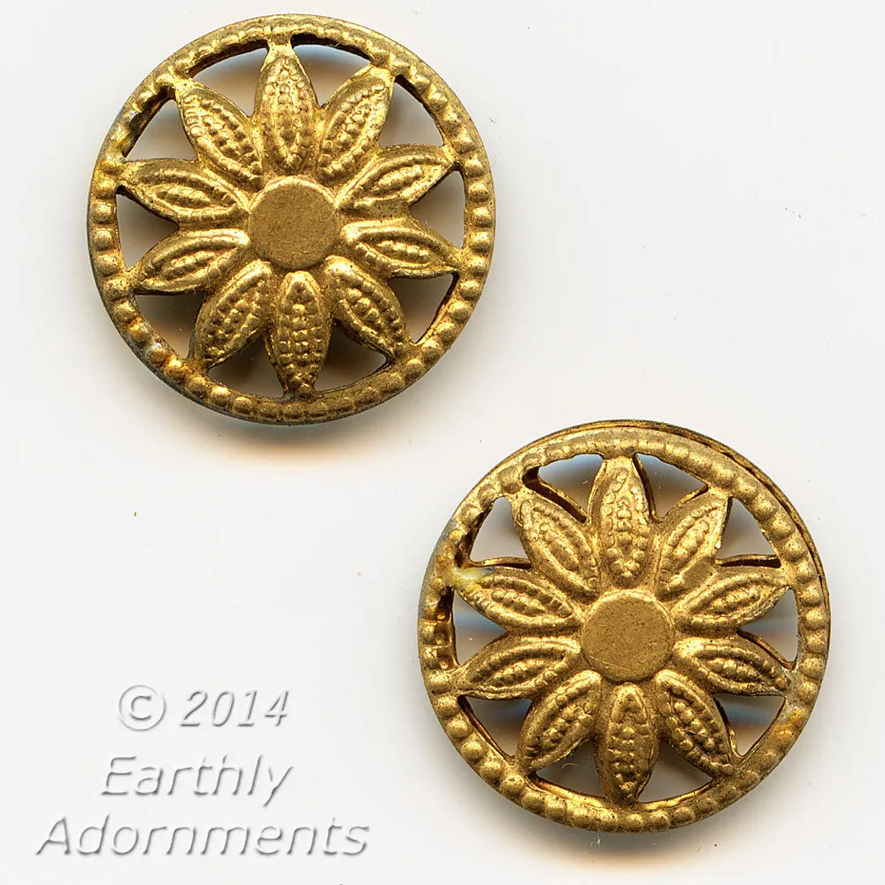 Vintage brass plated wheel connector with flower design. 13mm. Pkg. of 6. b9-2352