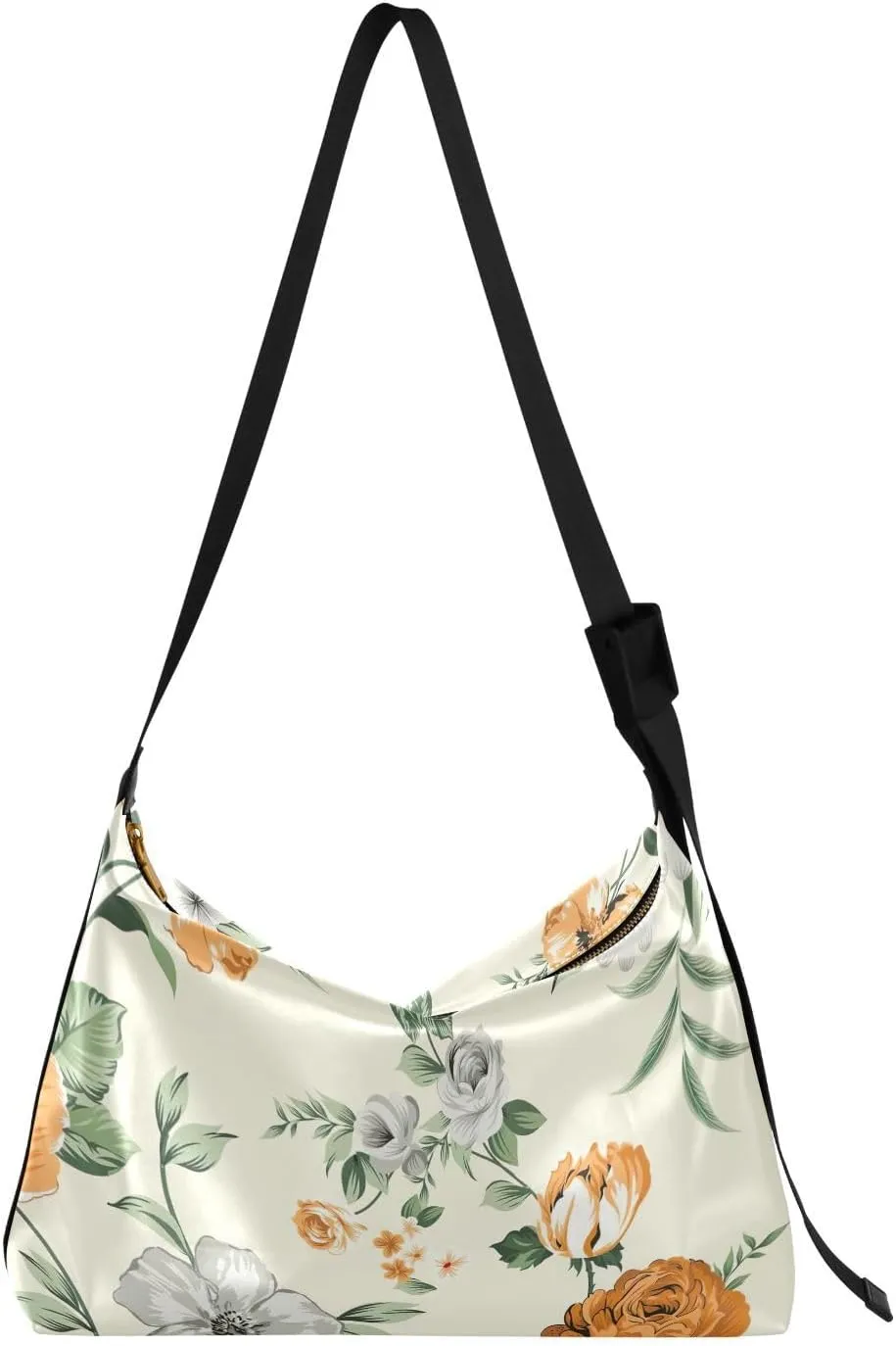 Vintage Flower on Beige Leather Shoulder Purse Hobo Large Leather Purse Stylish Floral Print Crossbody Hobo Bags
